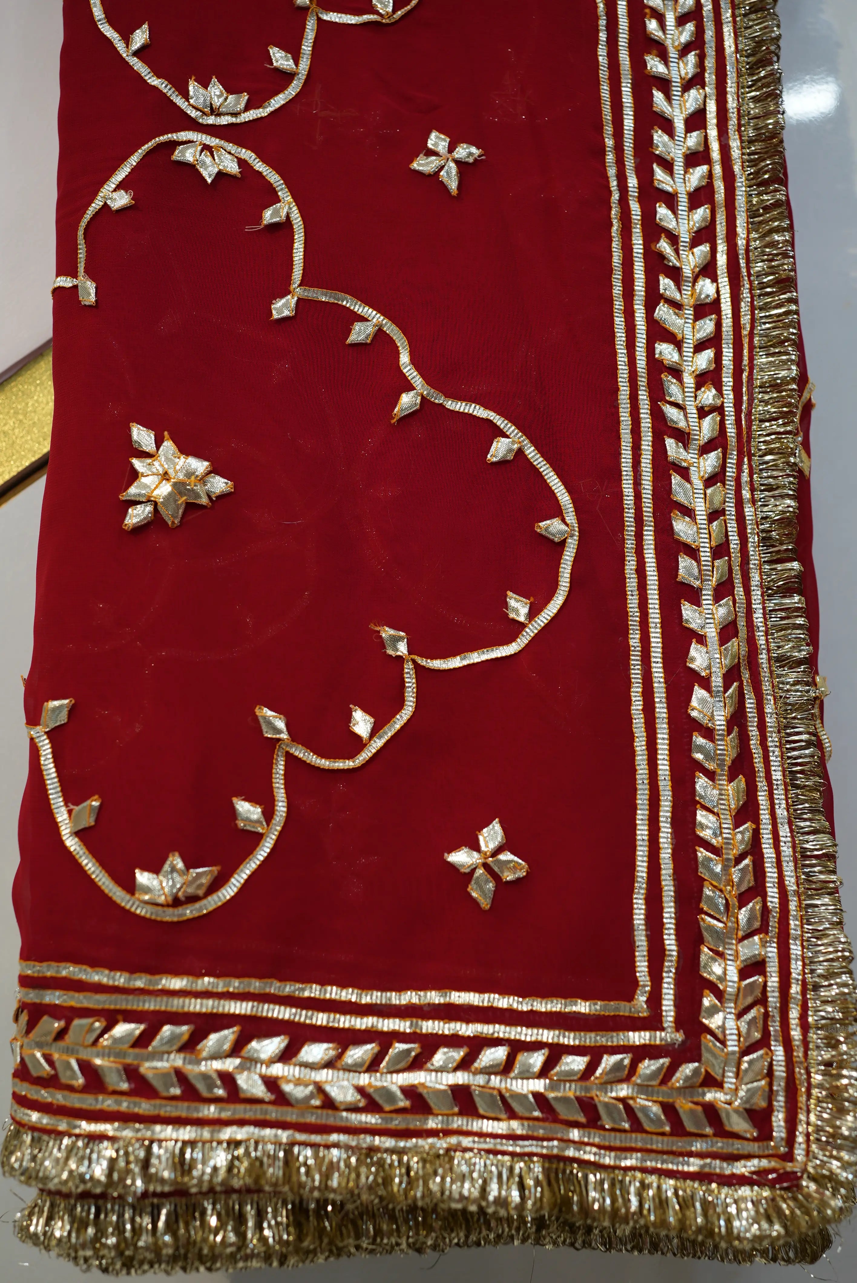 Customized Charkhi & Kachi Gota Patti Saree on Pure Georgette with Contrast Green Blouse