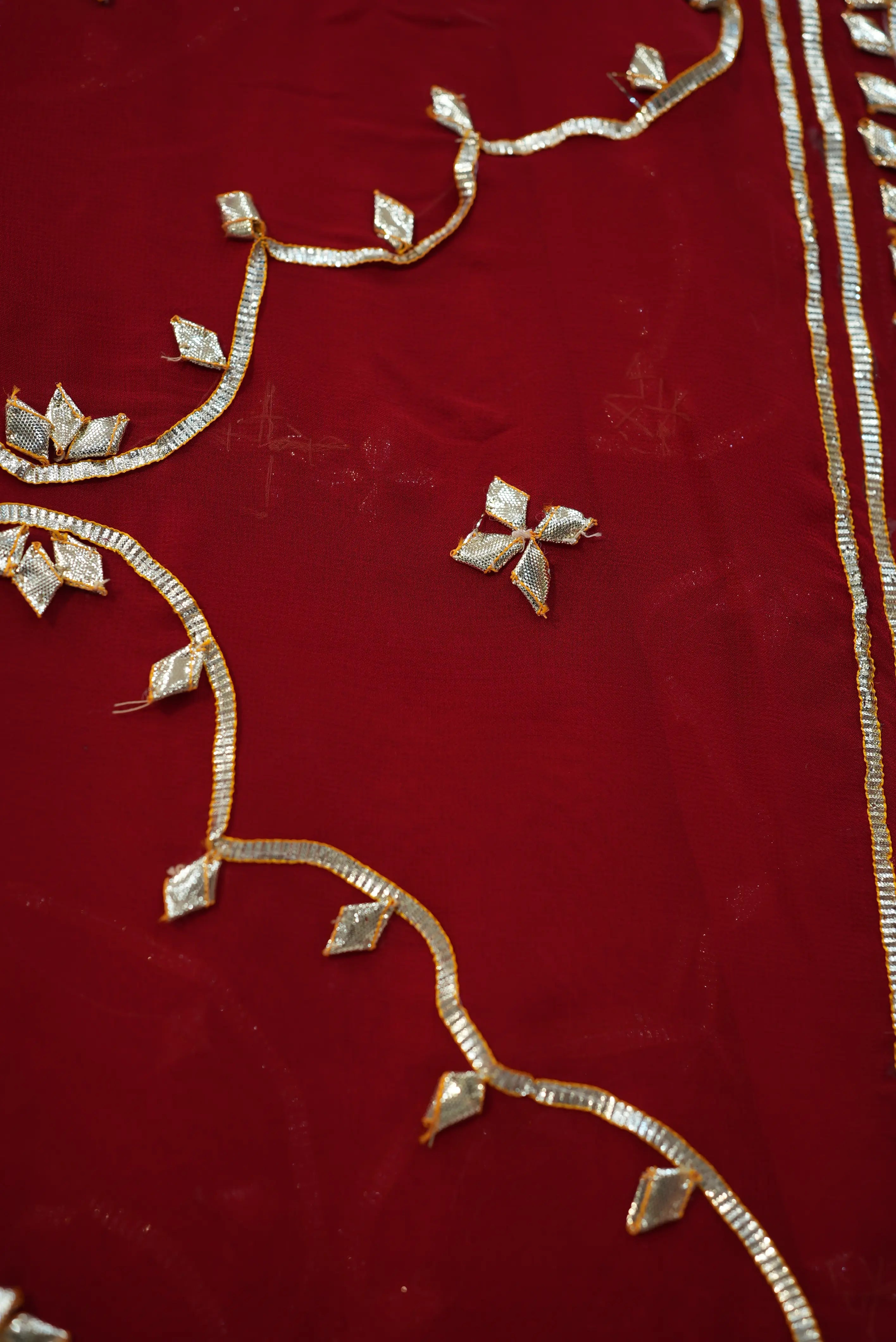 Customized Charkhi & Kachi Gota Patti Saree on Pure Georgette with Contrast Green Blouse