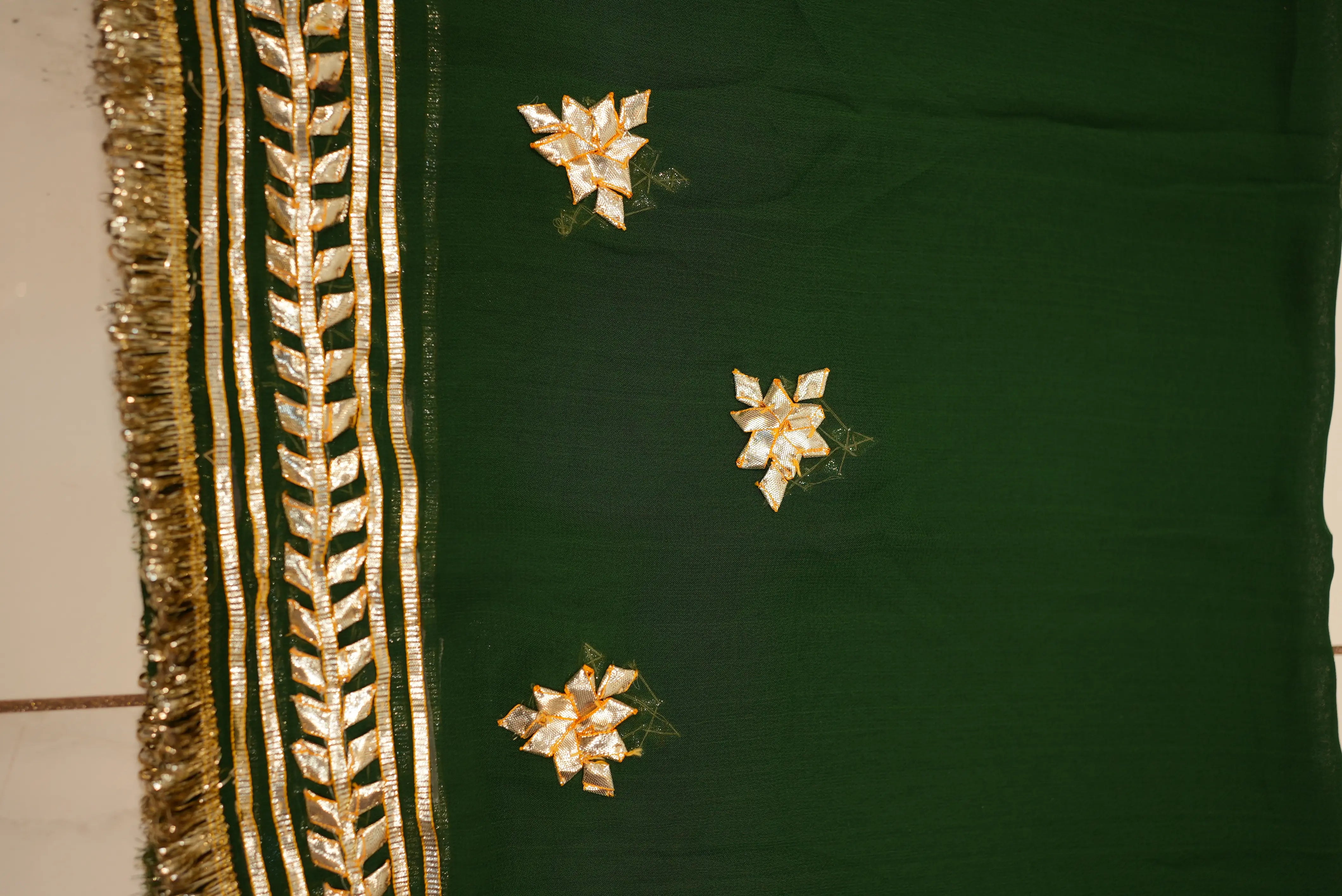 Customized Charkhi & Kachi Gota Patti Saree on Pure Georgette with Contrast Green Blouse
