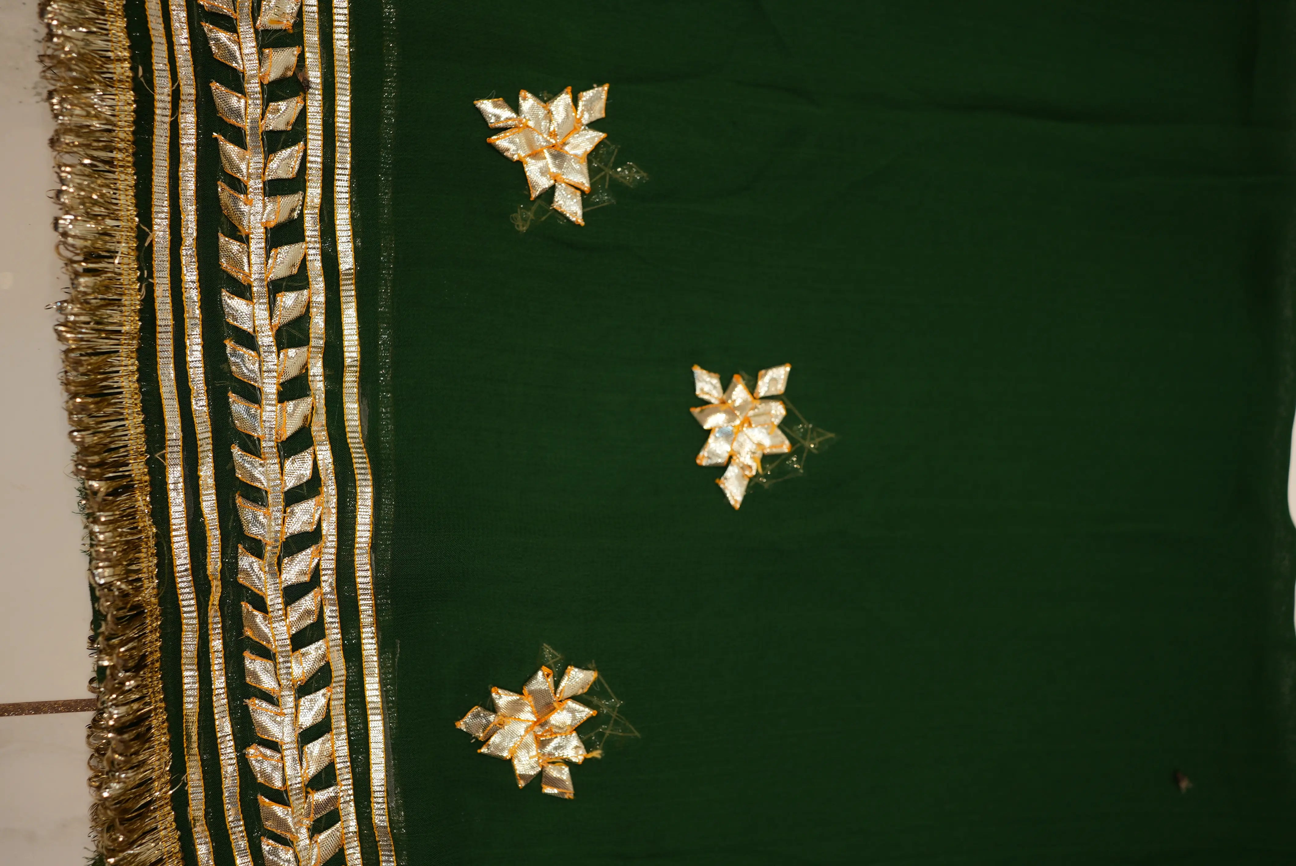 Customized Charkhi & Kachi Gota Patti Saree on Pure Georgette with Contrast Green Blouse
