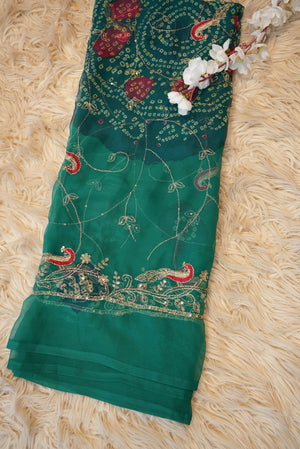ROYAL GEORGETTE FABRIC DARBARI SAREE WITH PEACOCK DESIGN & HEAVY AARI TARI WORK BORDER AND LADU BHANDEJ & JAAL PATTERN
