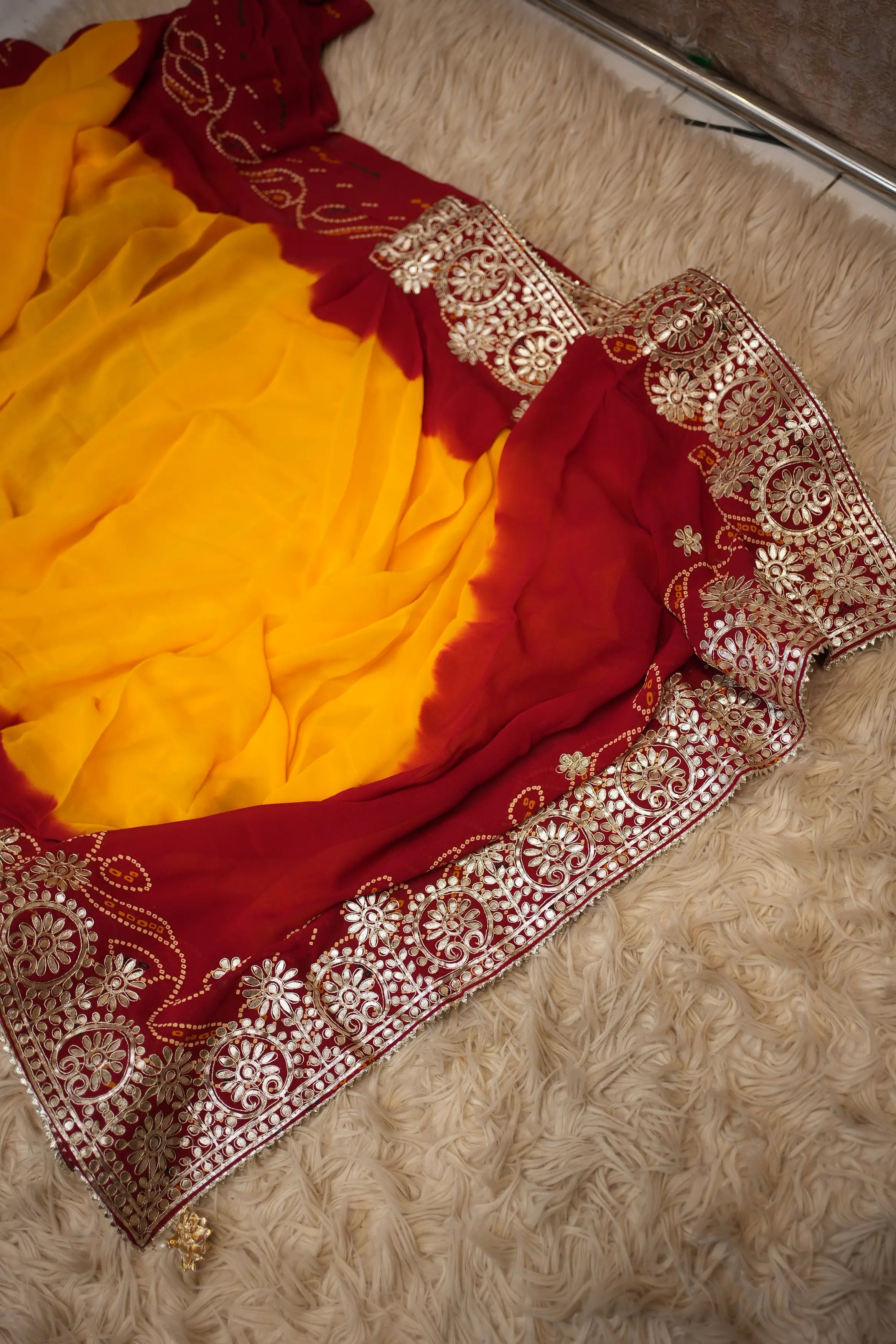 Shekhawati Pomcha Saree With Gotta Patti Work (With Blouse)