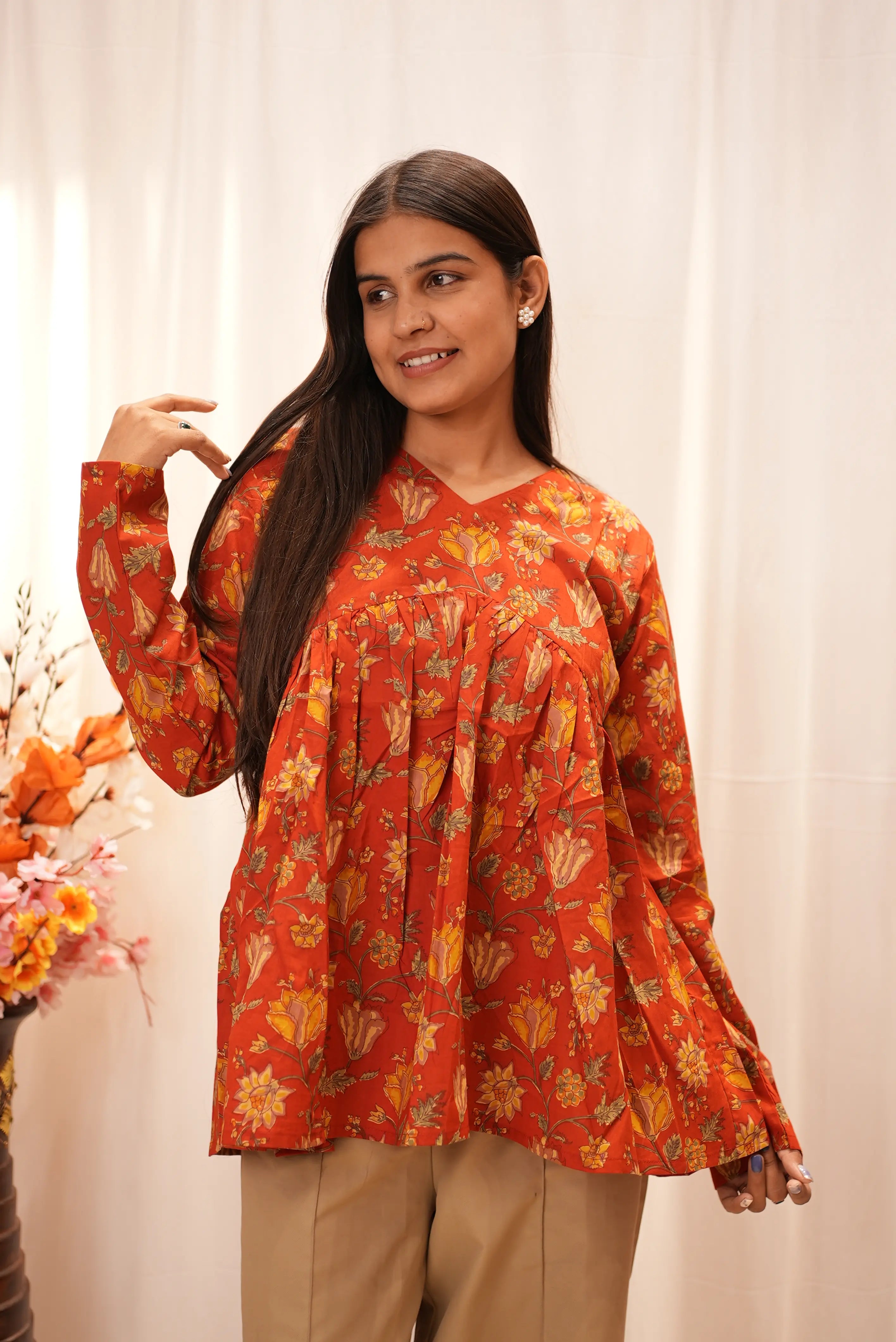 Rust Bloom Floral Peplum Top – Elegant V-Neck Gathered Kurti
