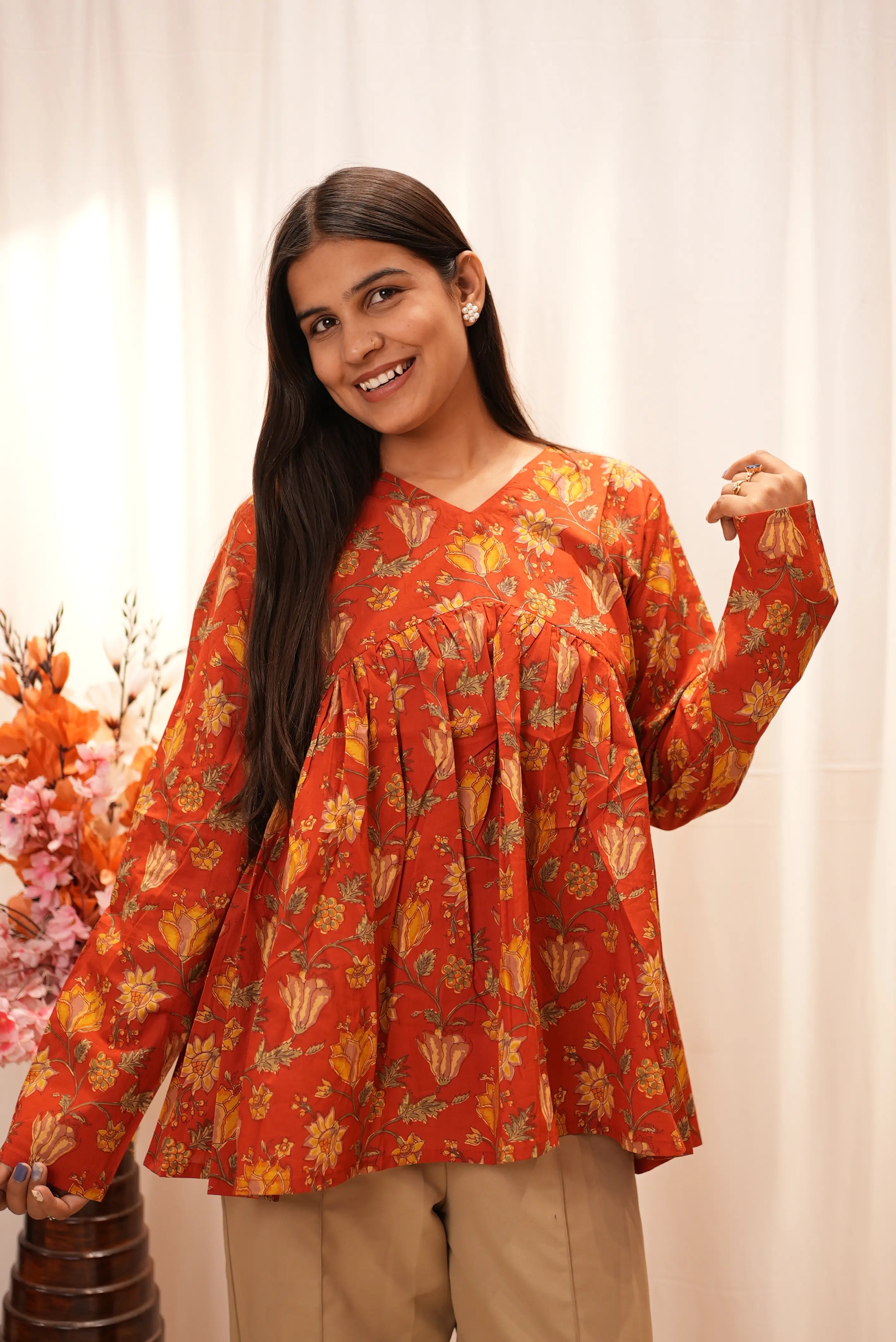 Rust Bloom Floral Peplum Top – Elegant V-Neck Gathered Kurti