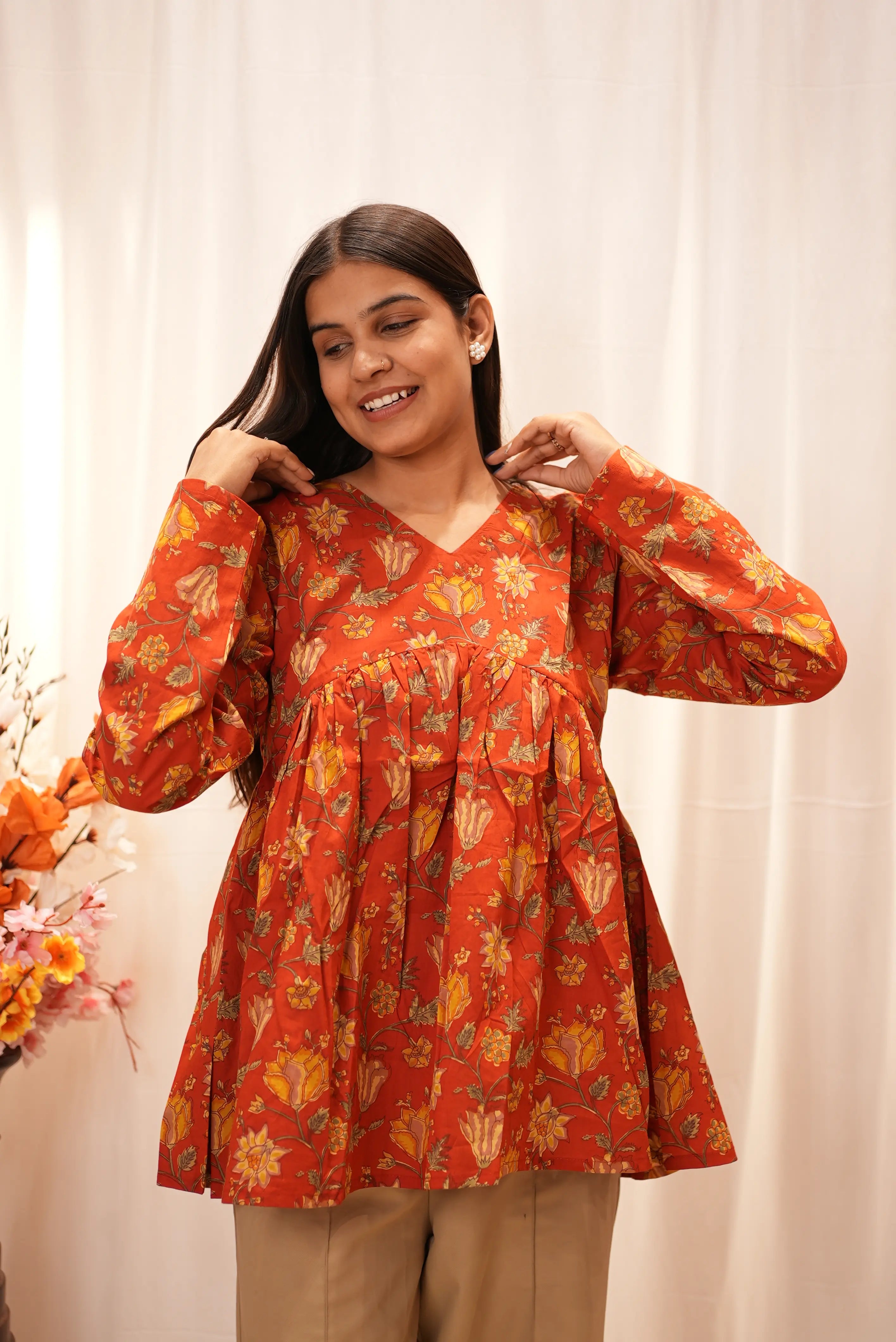 Rust Bloom Floral Peplum Top – Elegant V-Neck Gathered Kurti