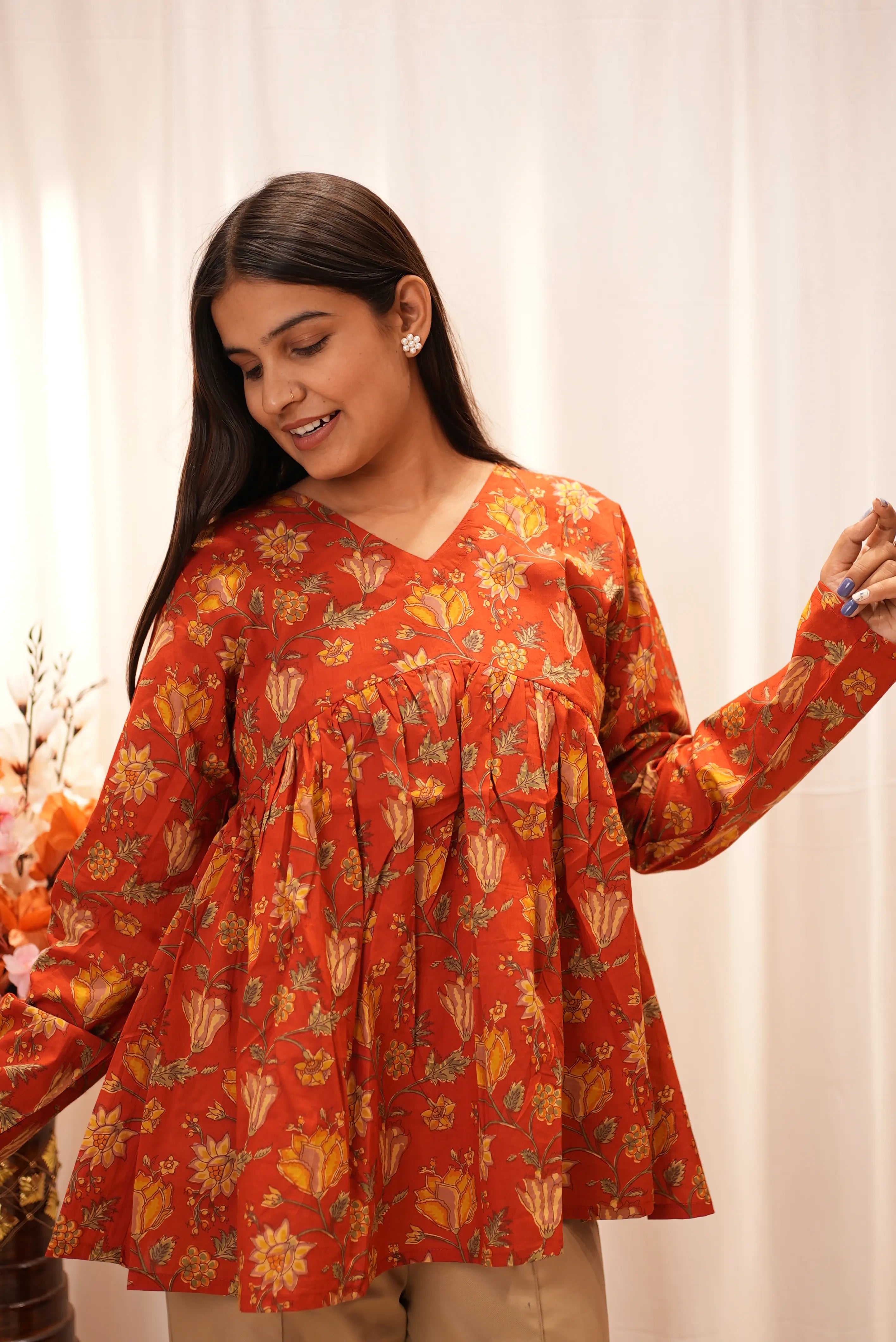 Rust Bloom Floral Peplum Top – Elegant V-Neck Gathered Kurti