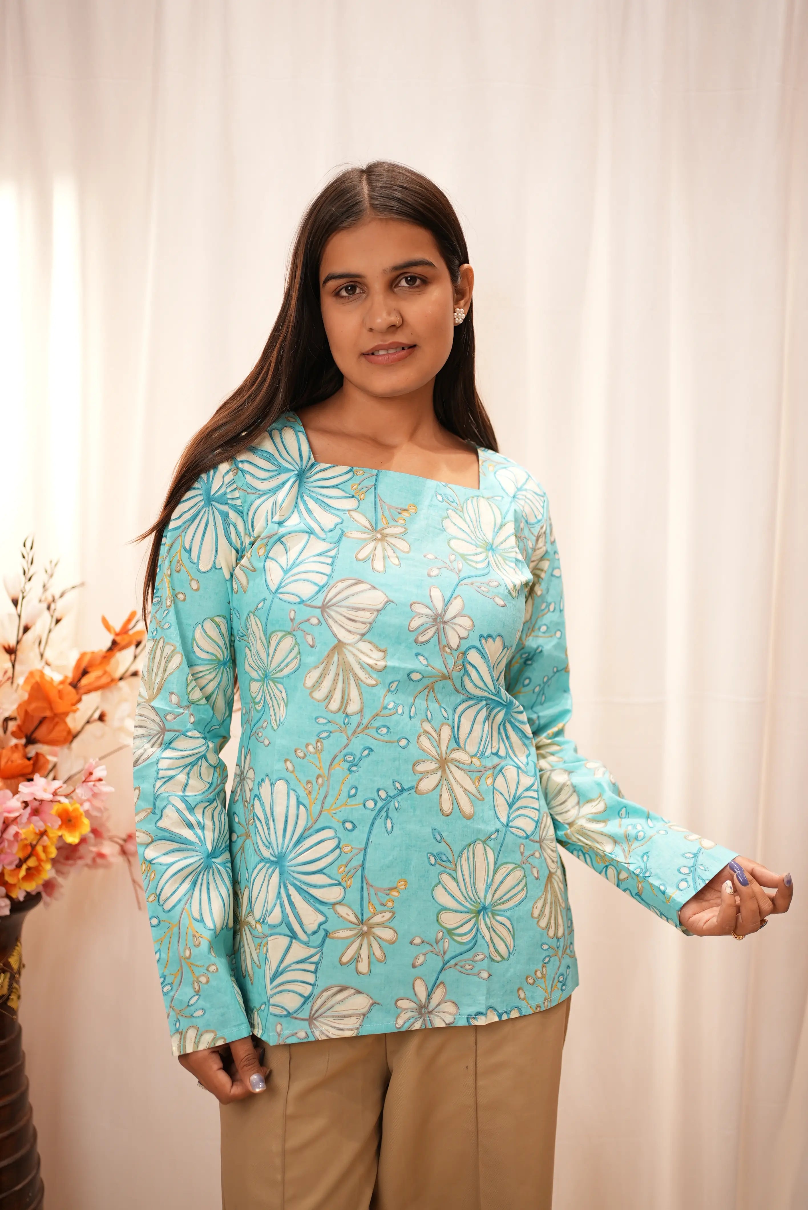 Sky Bloom Floral Cotton Top – Elegant Square Neck Printed Kurti