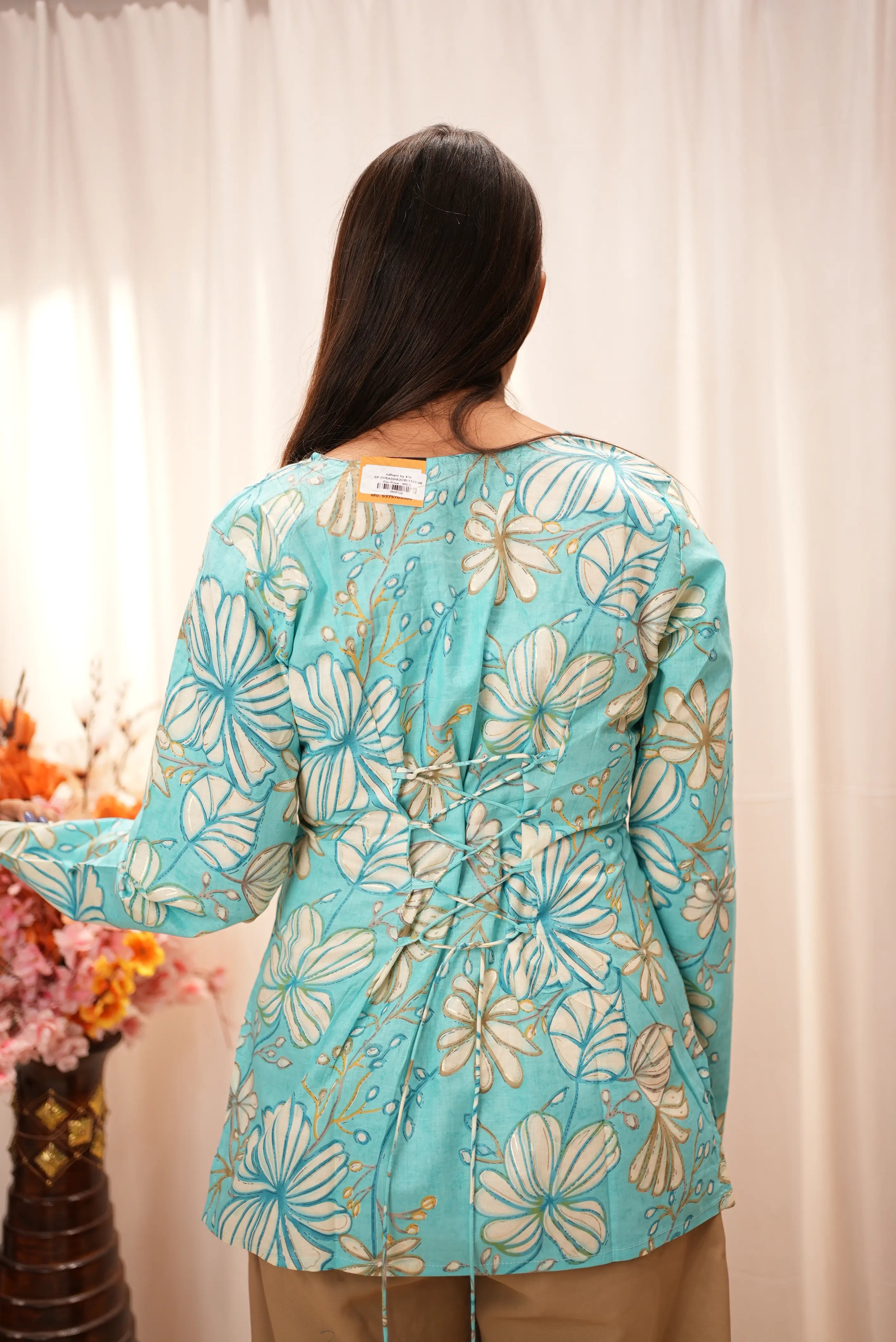 Sky Bloom Floral Cotton Top – Elegant Square Neck Printed Kurti