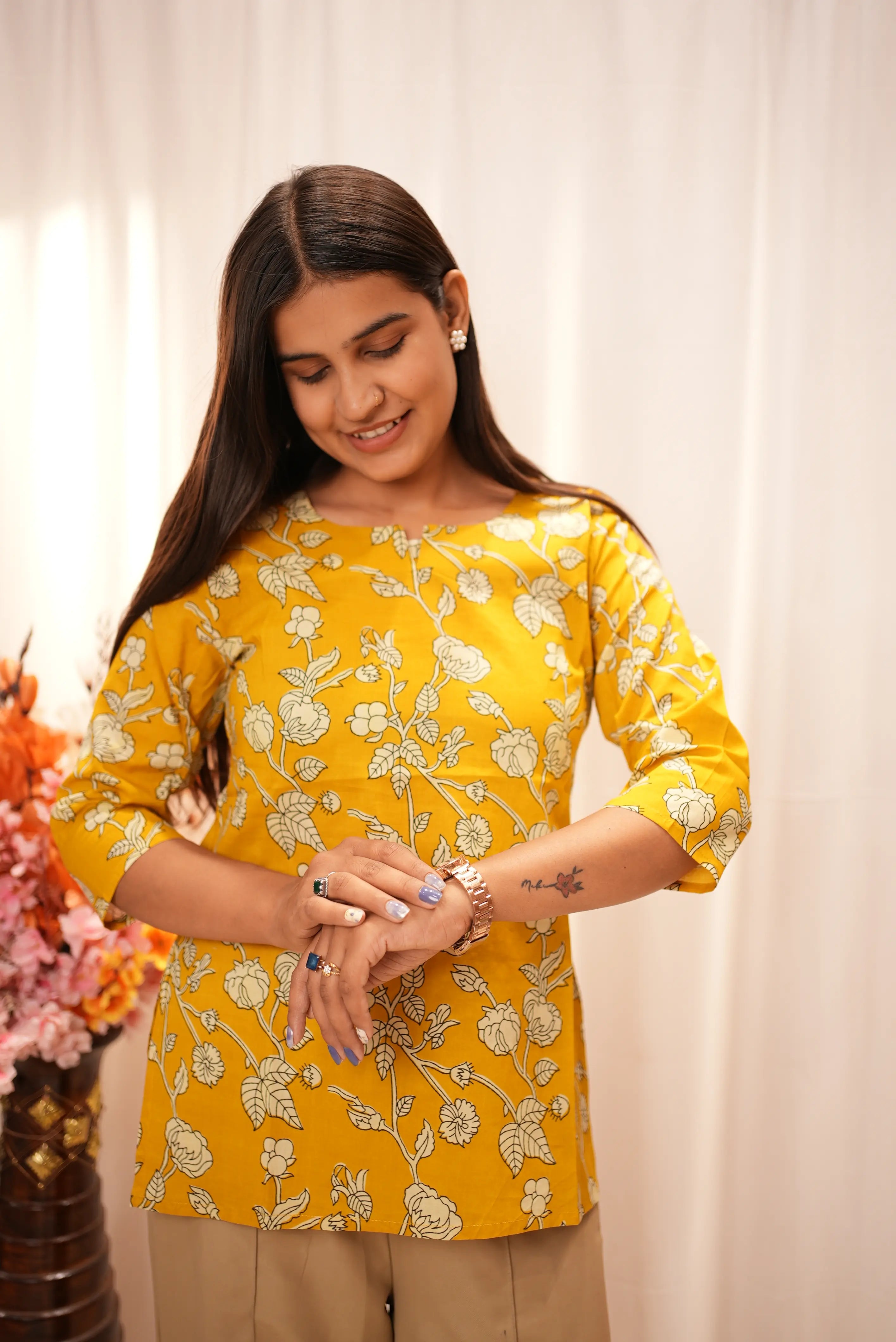 Mustard Floral Printed Straight Kurti For Women | Elegant Everyday Ethnic Wear