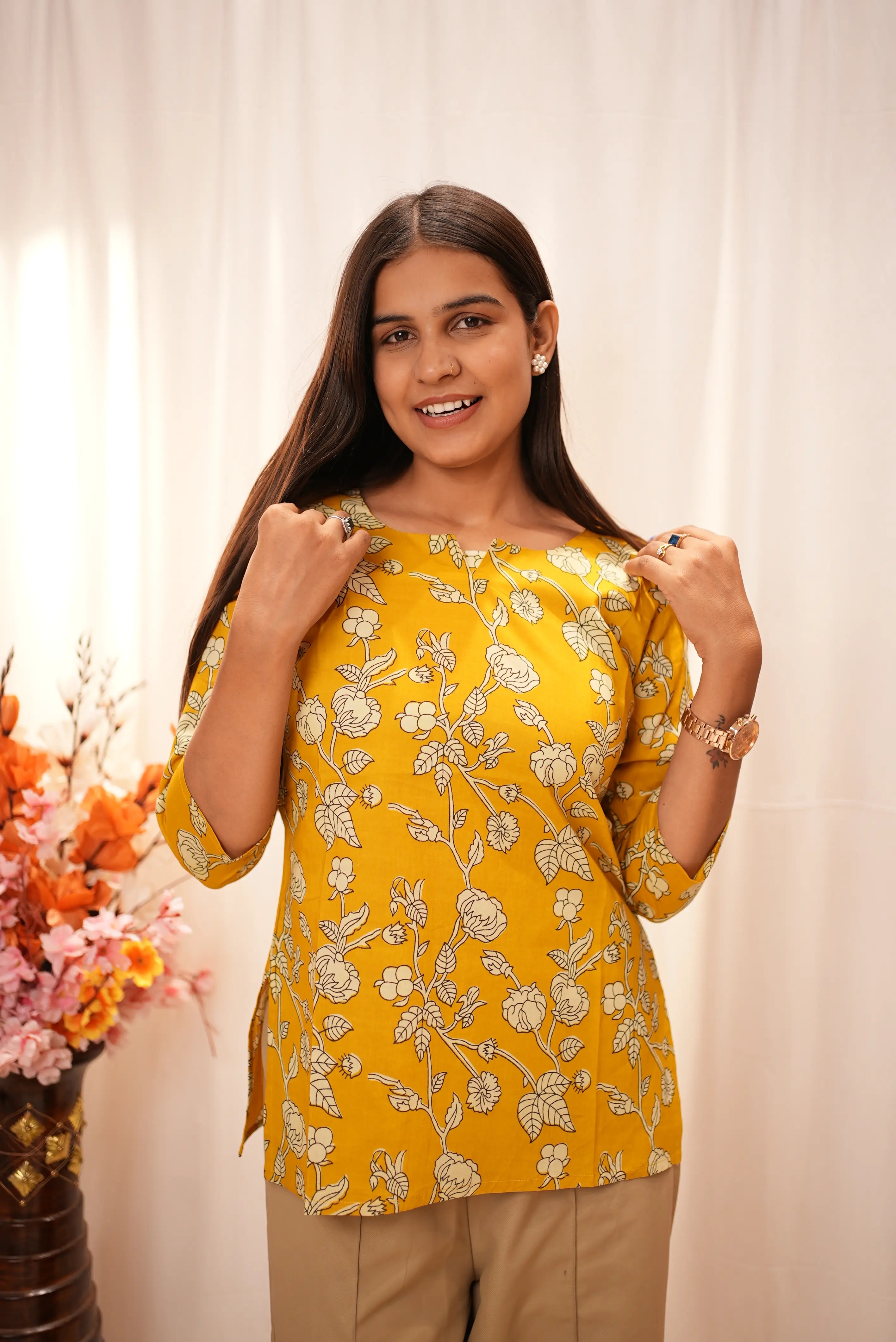 Mustard Floral Printed Straight Kurti For Women | Elegant Everyday Ethnic Wear