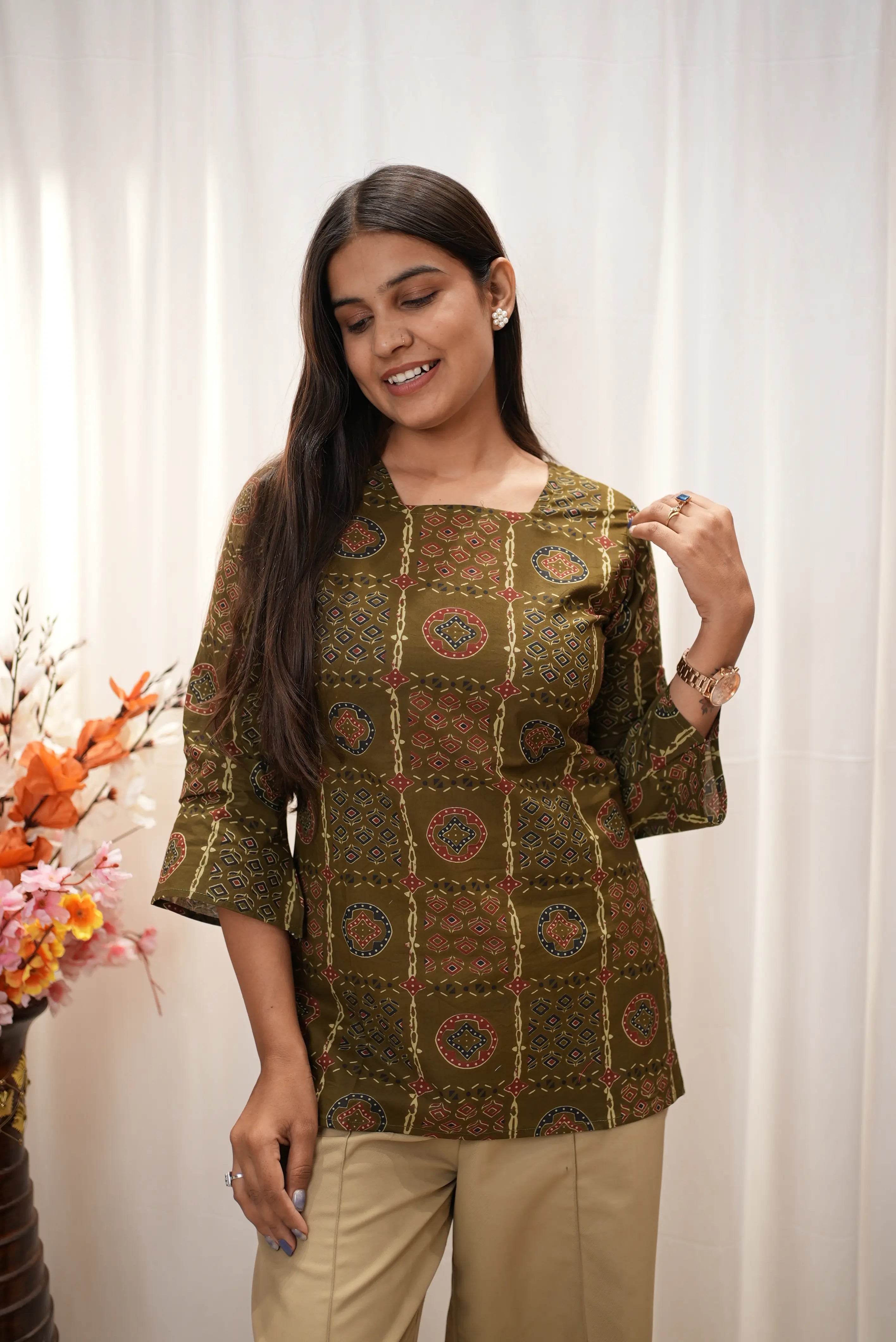 Olive Green Printed Straight Kurti For Women | Elegant Ethnic Wear With Stylish Back Detail