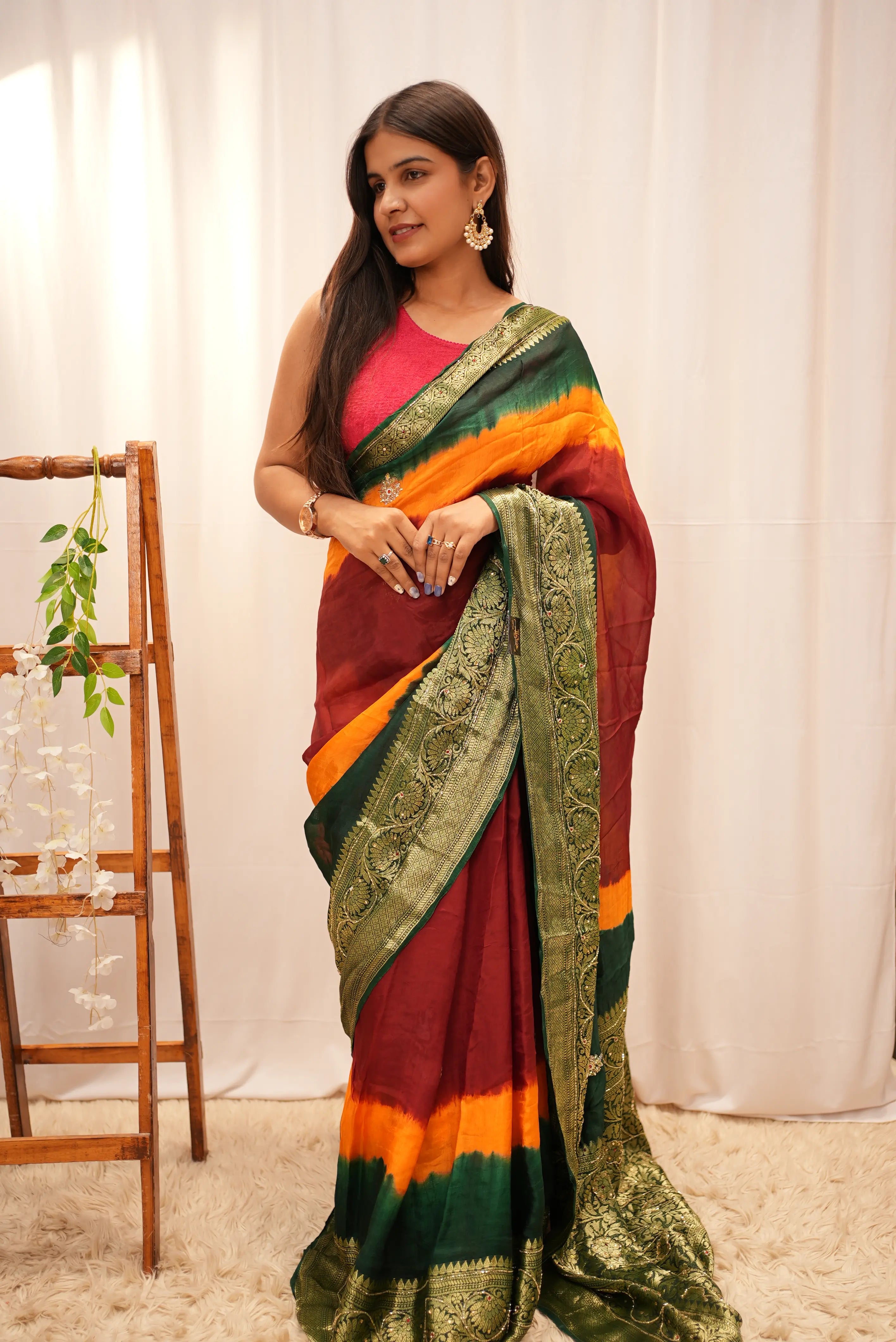 Multi Color Zari Weaving Handwork Touch Saree