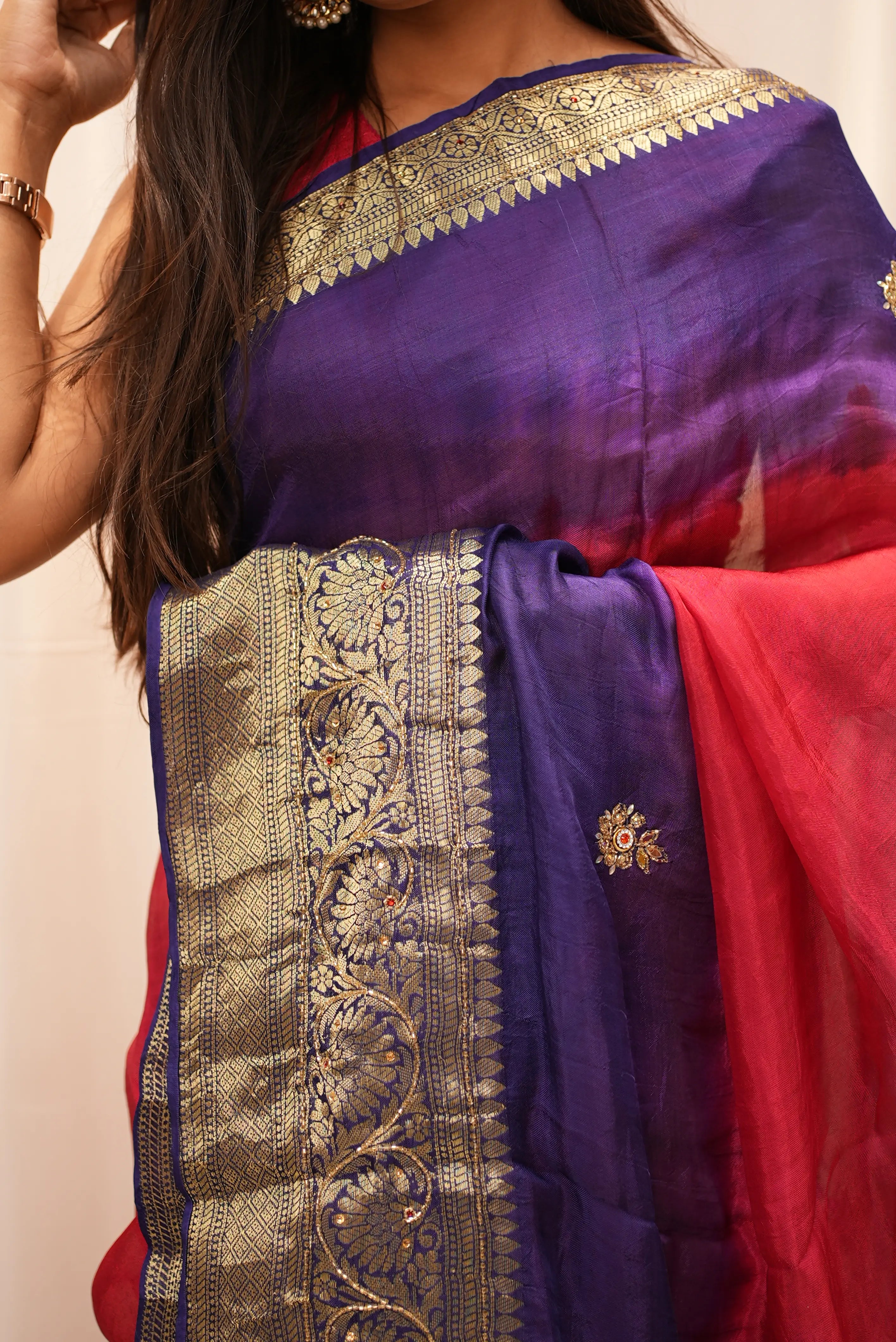Multi Color Zari Weaving Handwork Touch Saree