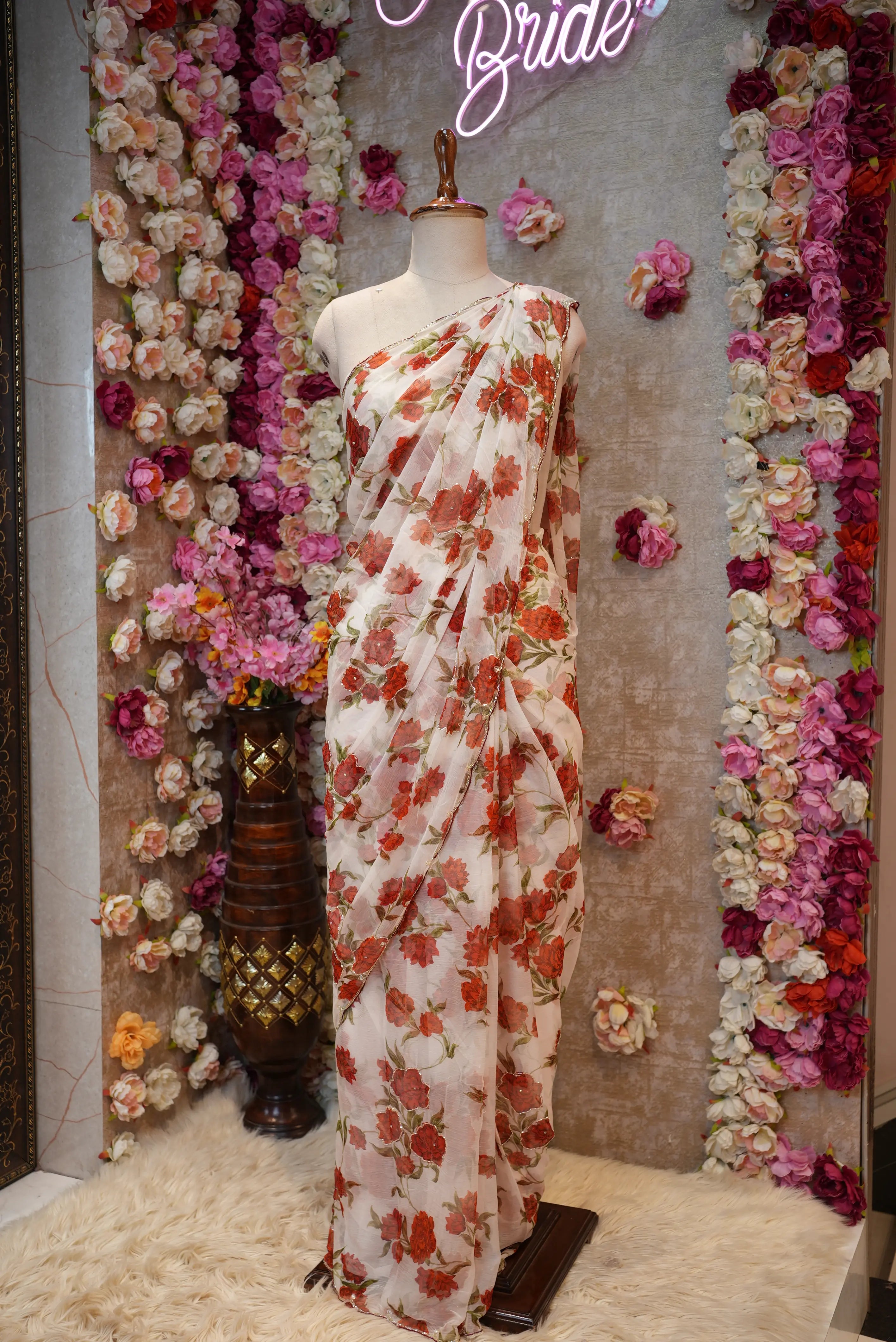 Celebrity Style Chiffon Saree with Floral Print & Cutdana Work (With Blouse)