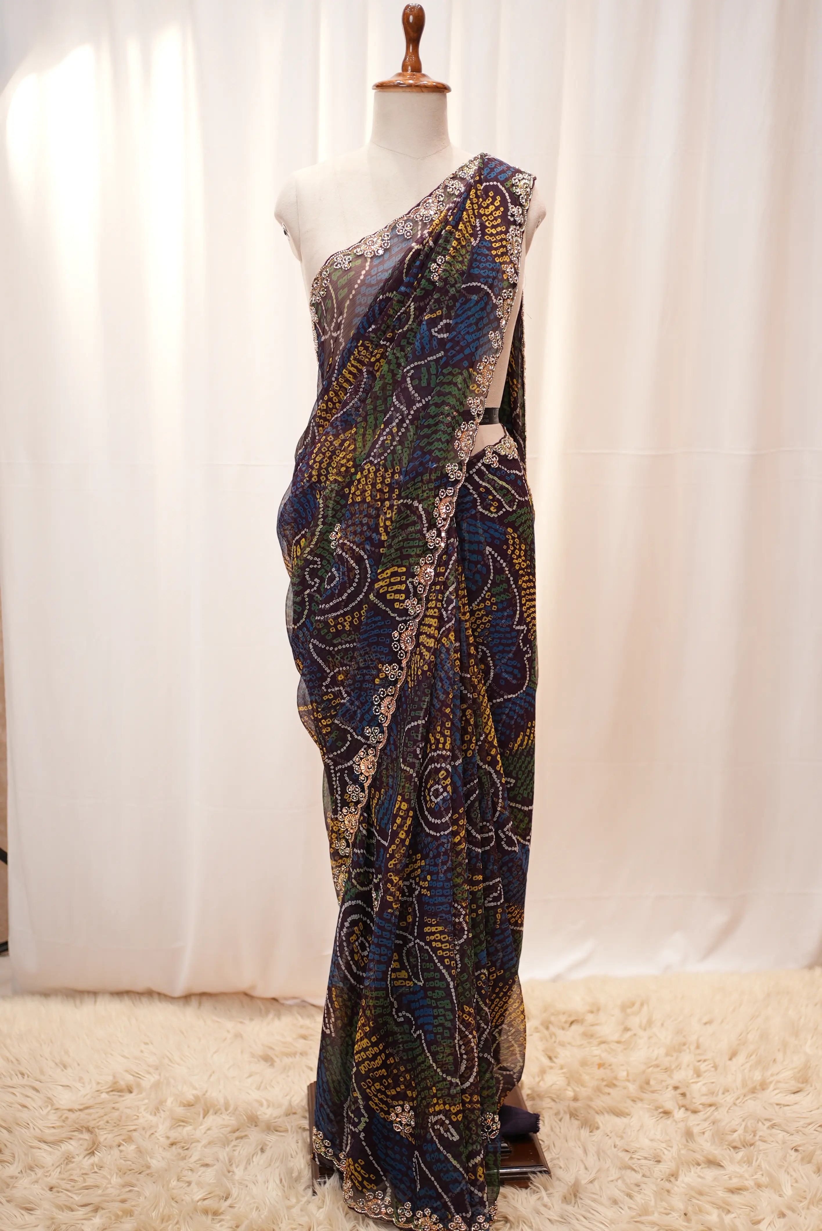 SHEKHAWATI BANDHEJ SAREE WITH SEQUINS & CUTDANA WORK(WITH BLOUSE)