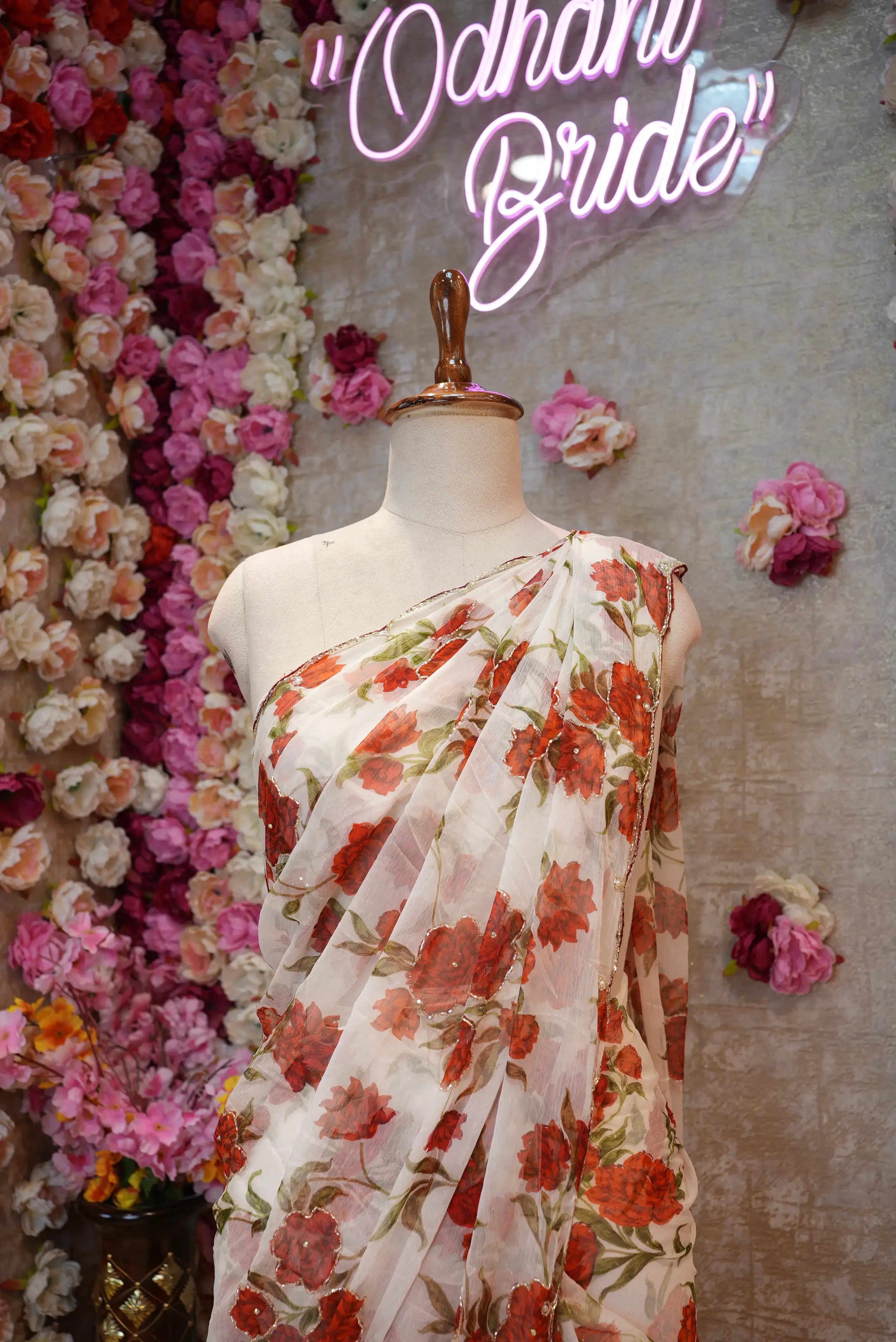 Celebrity Style Chiffon Saree with Floral Print & Cutdana Work (With Blouse)