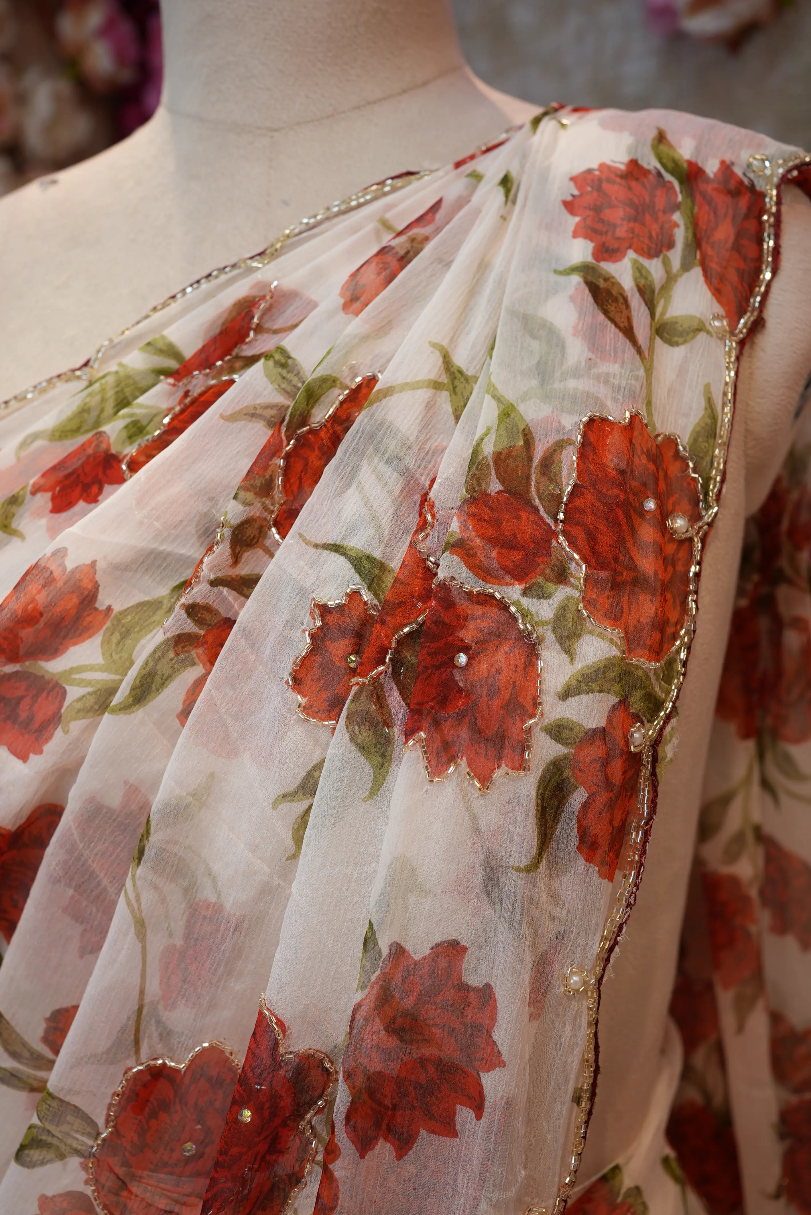 Celebrity Style Chiffon Saree with Floral Print & Cutdana Work (With Blouse)