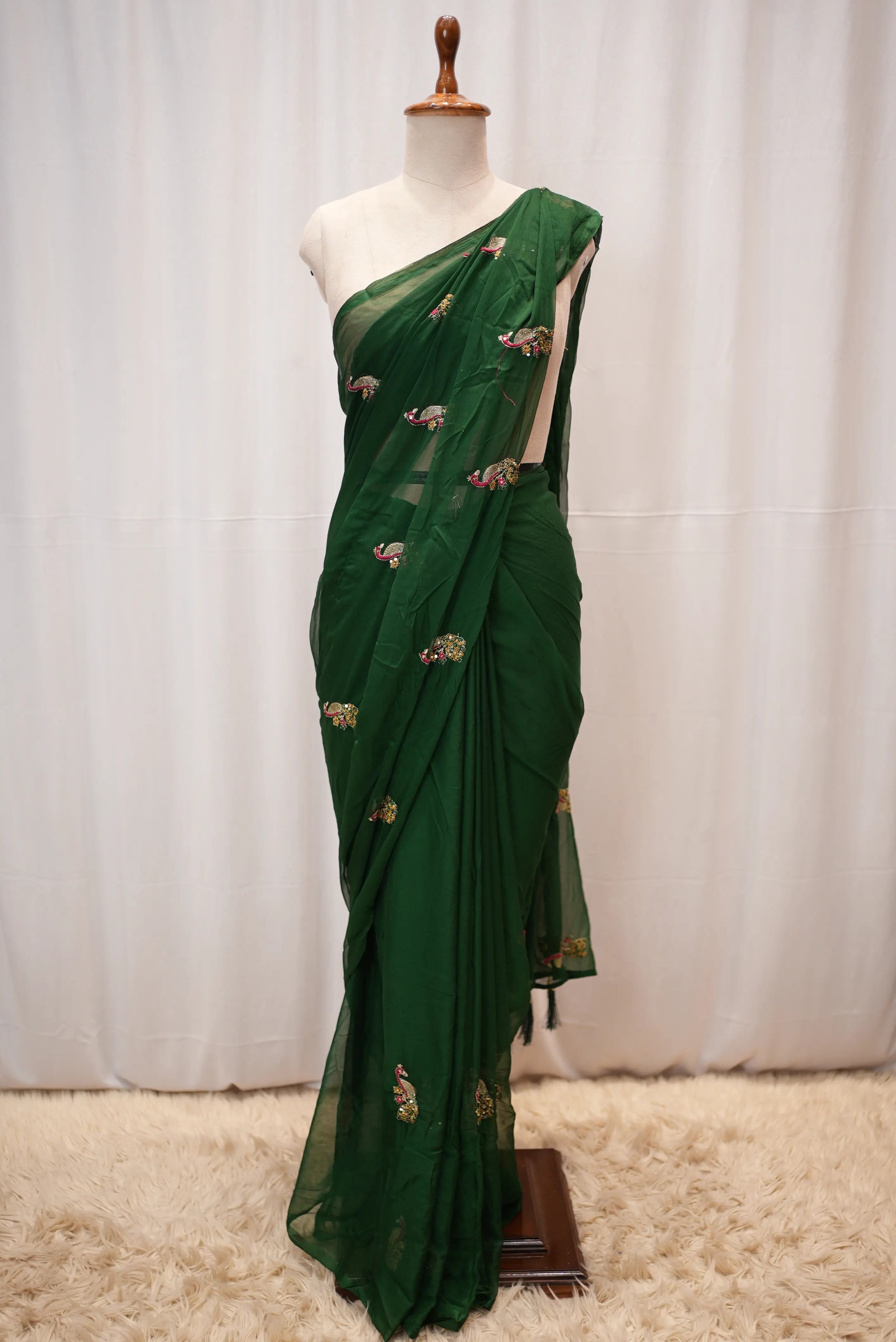 Chamunda Chiffon Fabric Saree With Vintage Work & Peacock Buta (With Blouse)