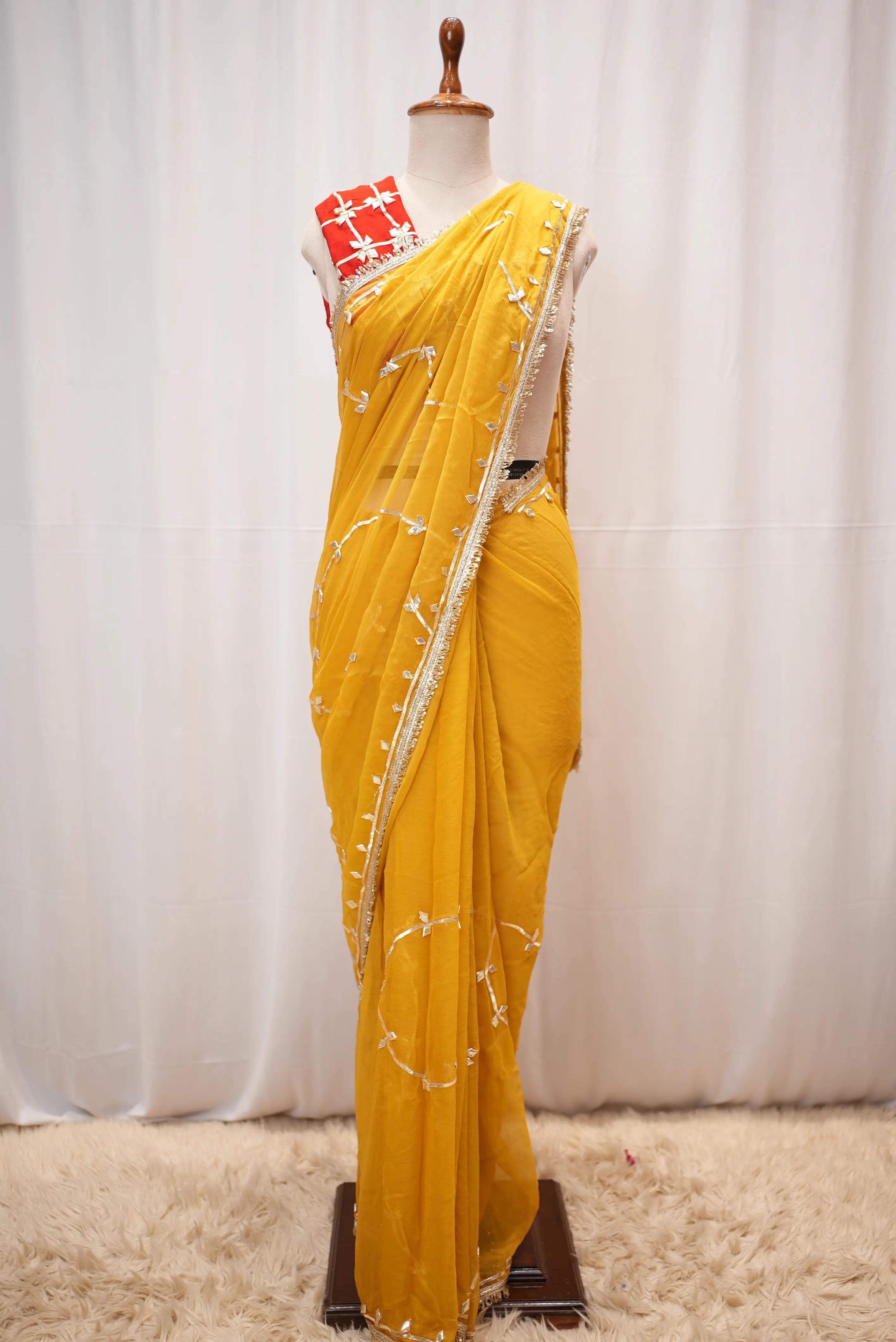 Chiffon Saree with Jaal Pattern & Gota Patti Work with Aangi Blouse