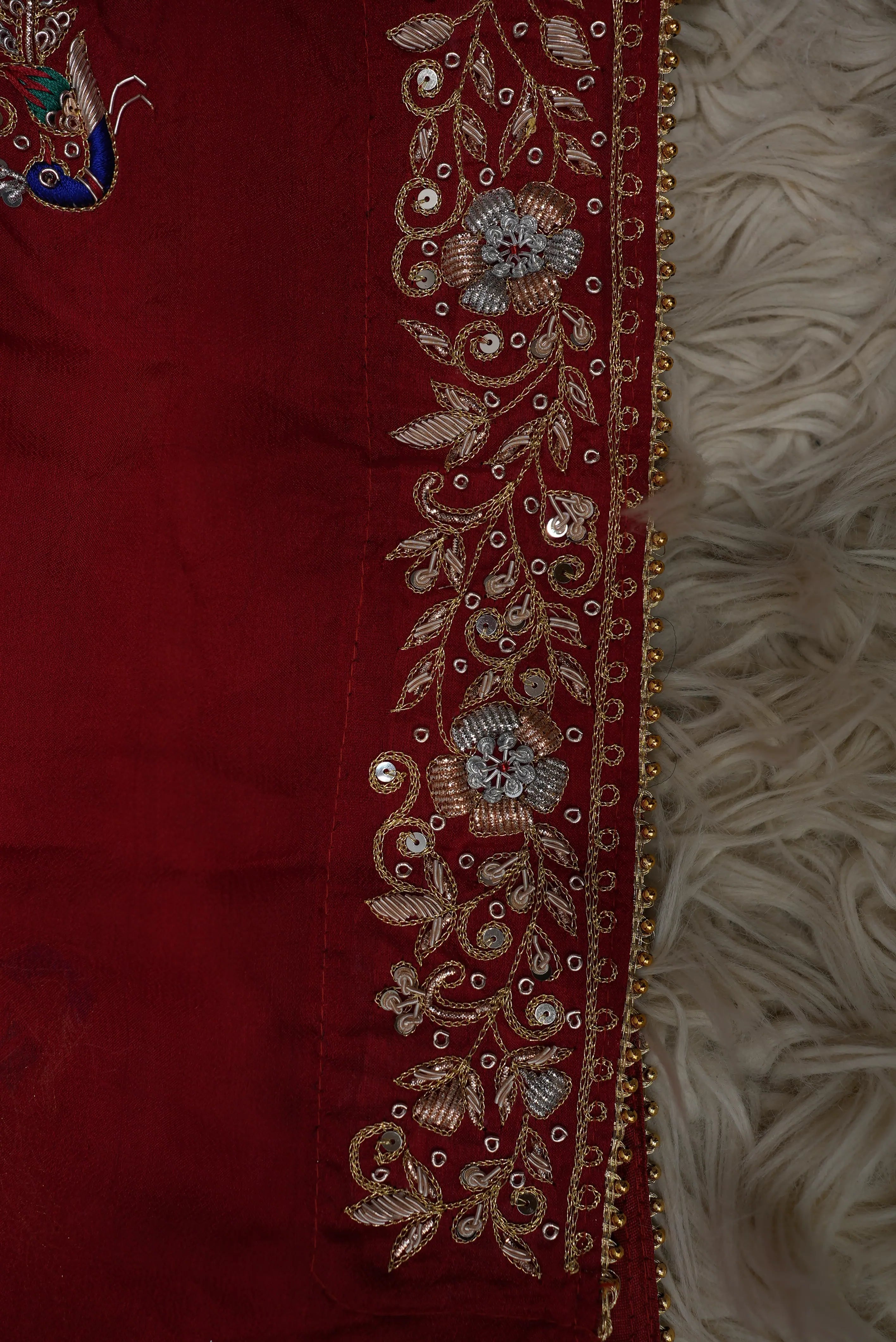 Shekhawati Pila Pure Ozhariya Rai Bandhani Saree with Peacock Pattern Zardozi & Calcutta Handwork (With Blouse)