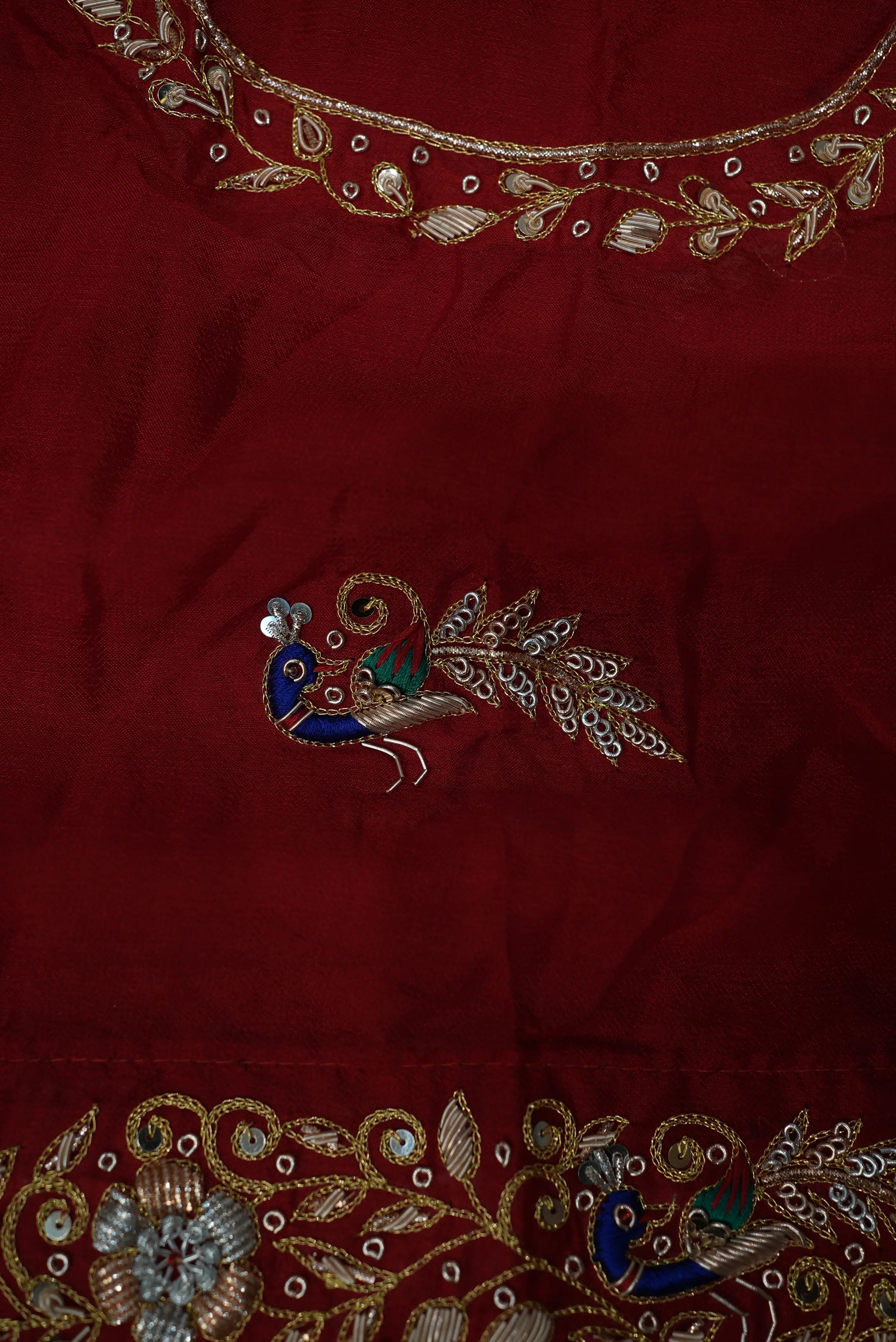 Shekhawati Pila Pure Ozhariya Rai Bandhani Saree with Peacock Pattern Zardozi & Calcutta Handwork (With Blouse)