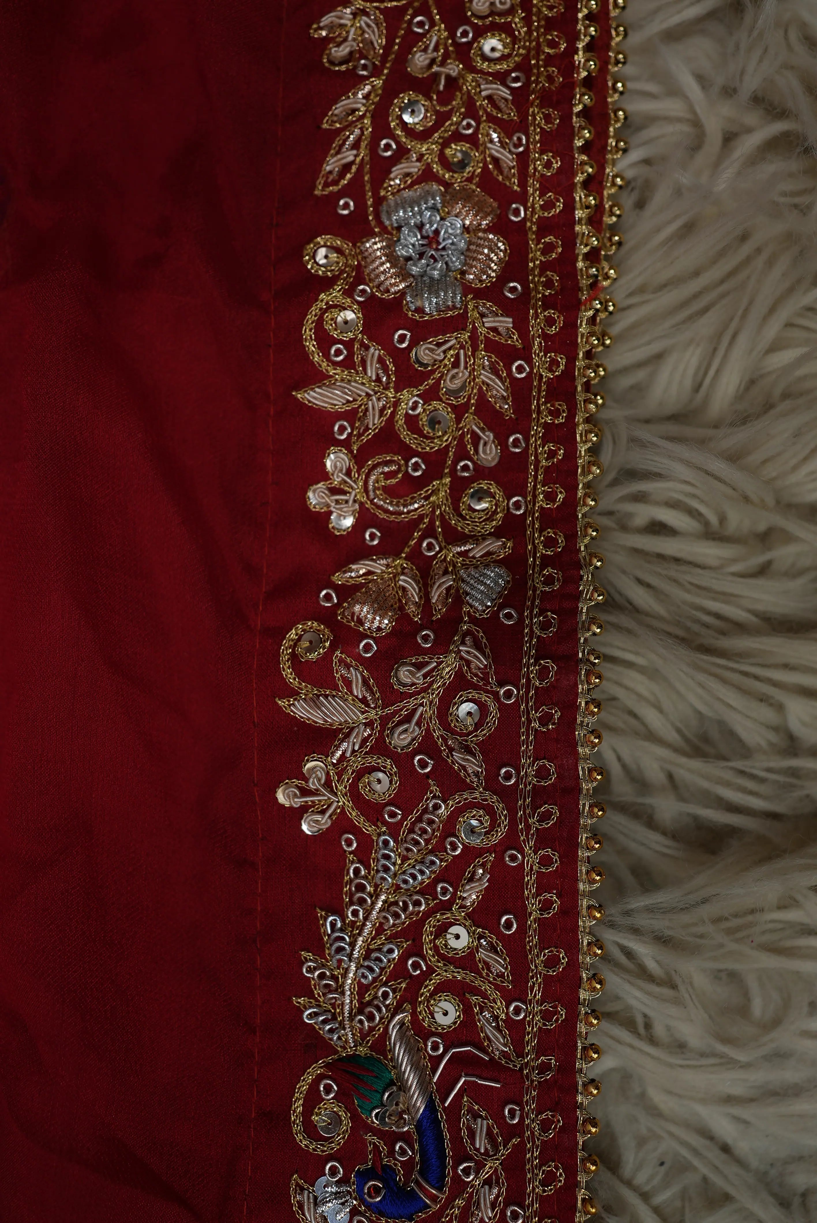 Shekhawati Pila Pure Ozhariya Rai Bandhani Saree with Peacock Pattern Zardozi & Calcutta Handwork (With Blouse)