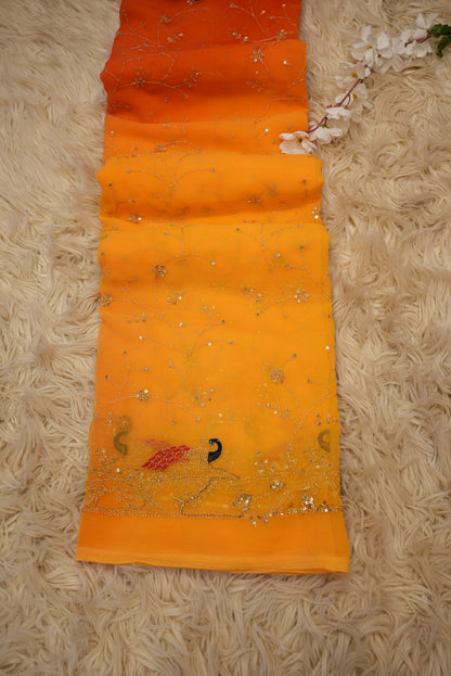 MULTI COLOR ROYAL CHIFFON FABRIC PEACOCK DESIGN DARBARI SAREE WITH HEAVY JAAL PATTERN (WITHOUT BLOUSE) ##SR455