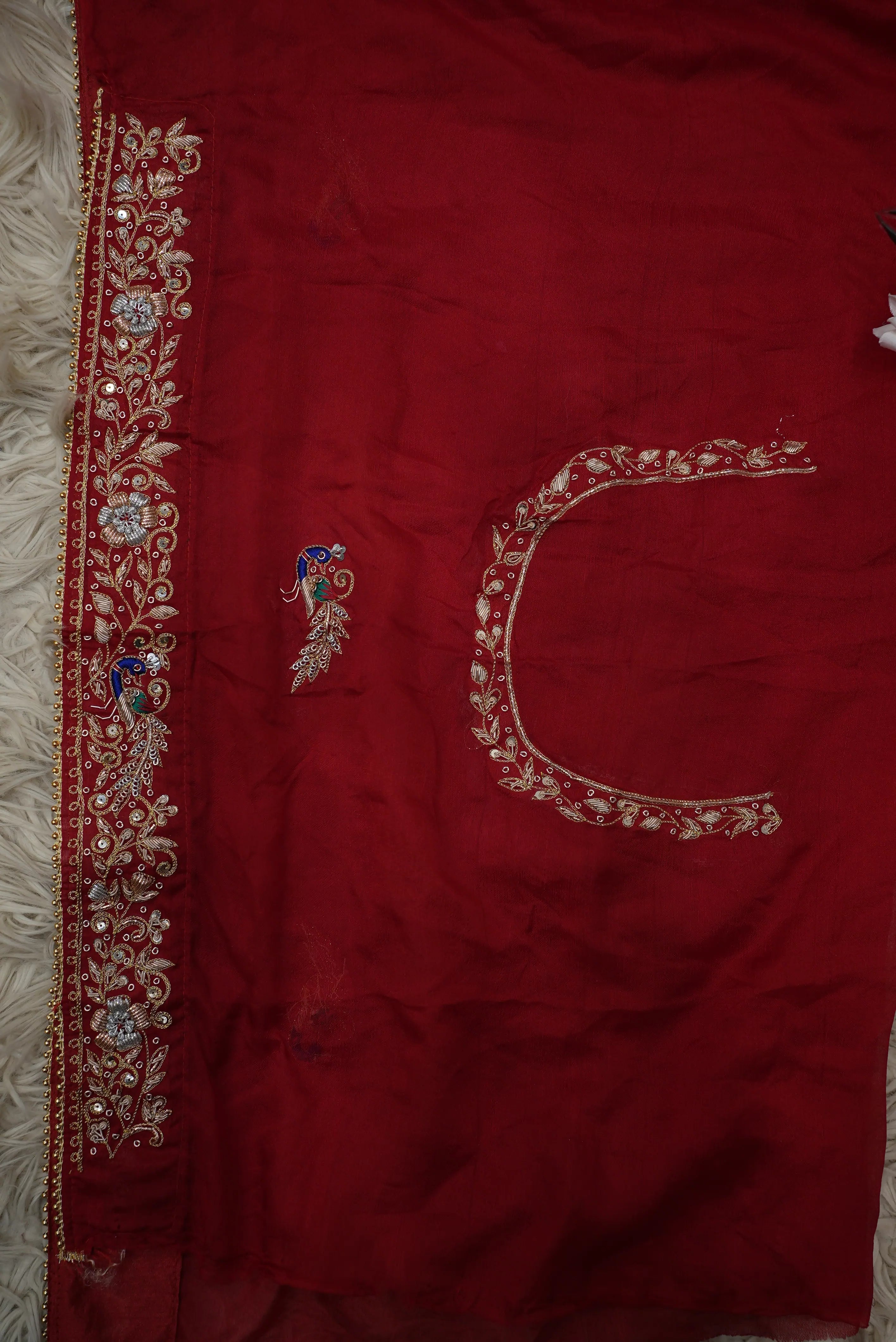 Shekhawati Pila Pure Ozhariya Rai Bandhani Saree with Peacock Pattern Zardozi & Calcutta Handwork (With Blouse)