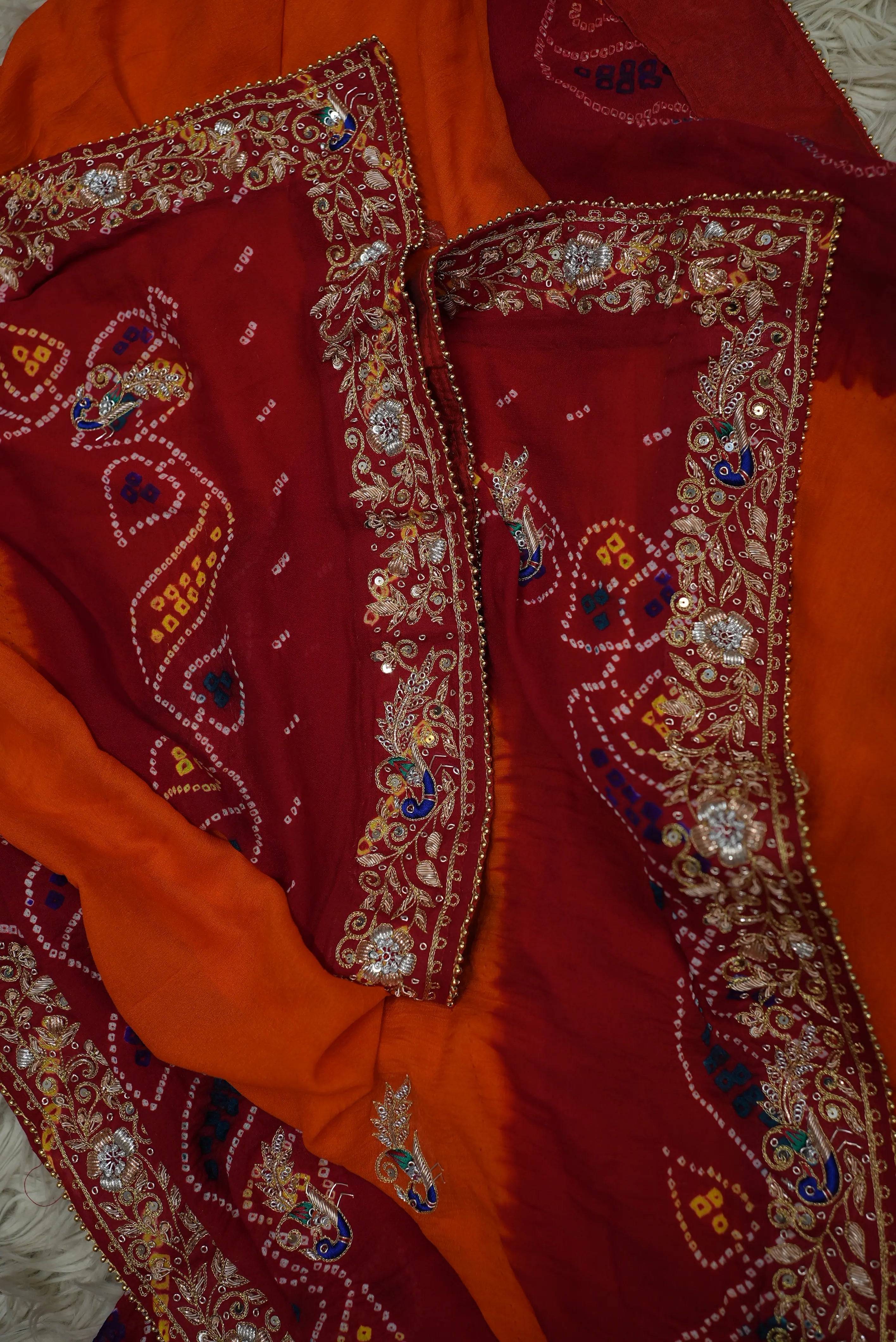 Shekhawati Pila Pure Ozhariya Rai Bandhani Saree with Peacock Pattern Zardozi & Calcutta Handwork (With Blouse)