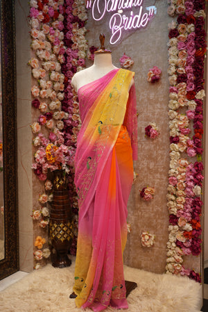 MULTI COLOR ROYAL CHIFFON FABRIC PEACOCK DESIGN DARBARI SAREE WITH HEAVY JAAL PATTERN (WITHOUT BLOUSE) ##SR455