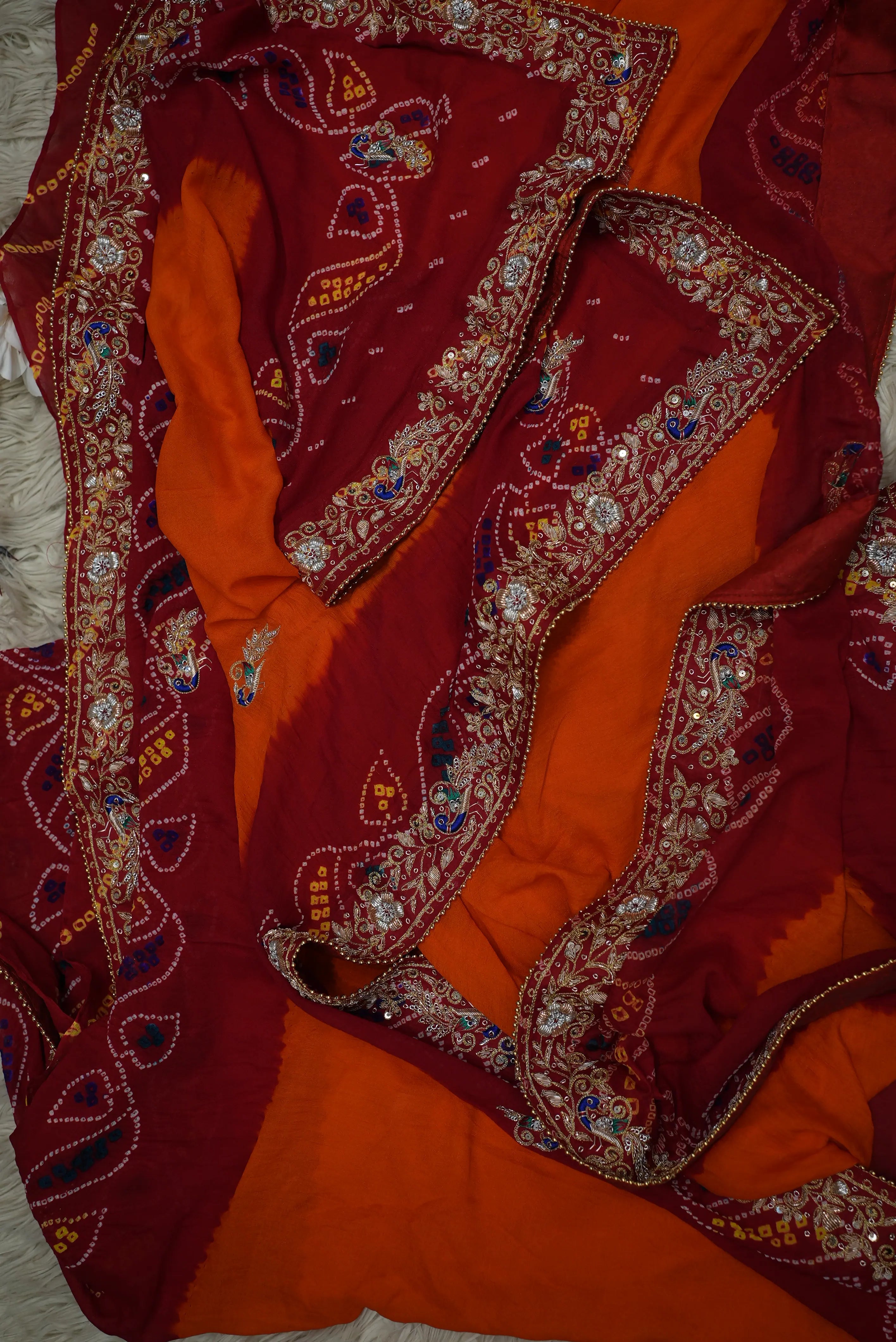 Shekhawati Pila Pure Ozhariya Rai Bandhani Saree with Peacock Pattern Zardozi & Calcutta Handwork (With Blouse)
