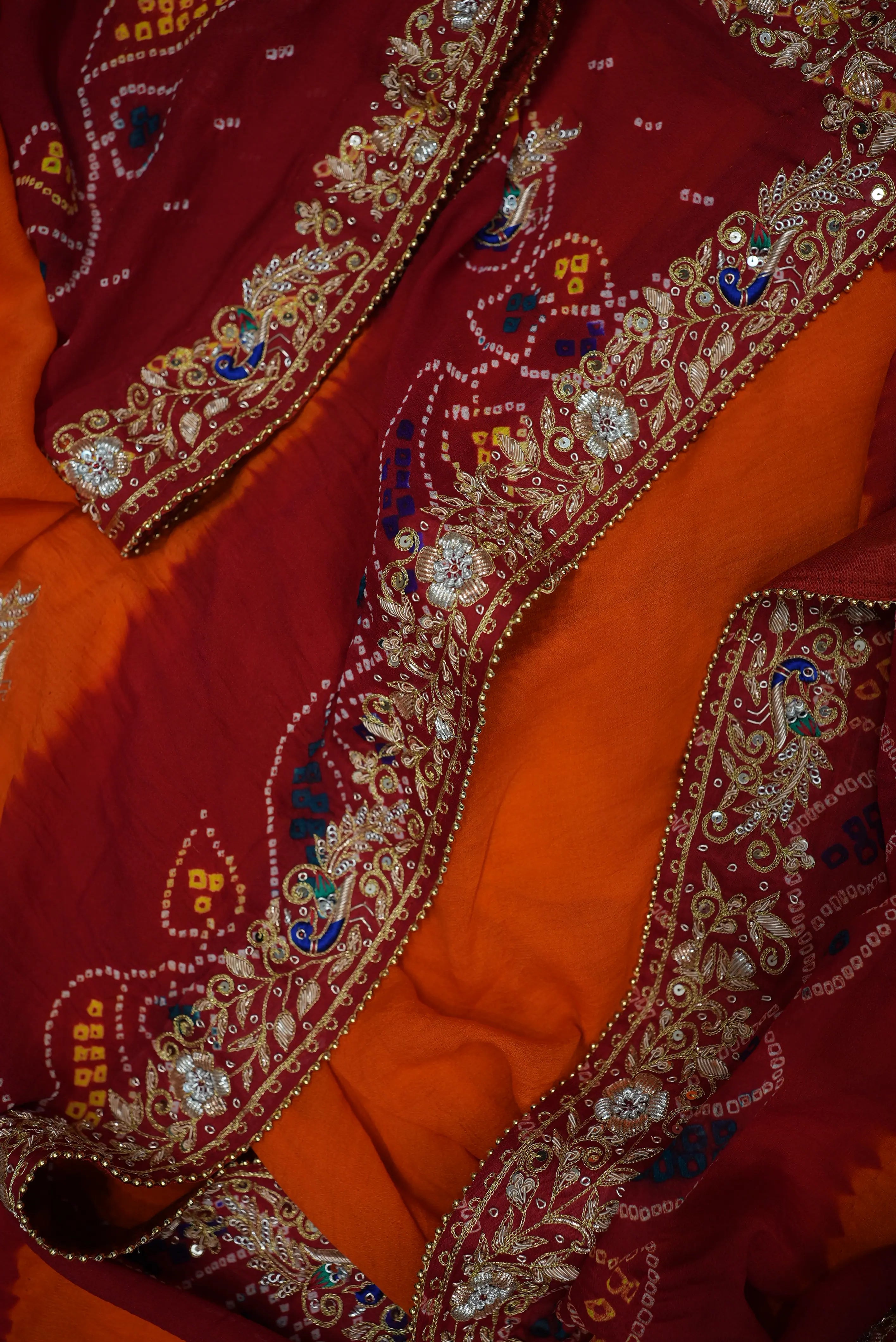 Shekhawati Pila Pure Ozhariya Rai Bandhani Saree with Peacock Pattern Zardozi & Calcutta Handwork (With Blouse)