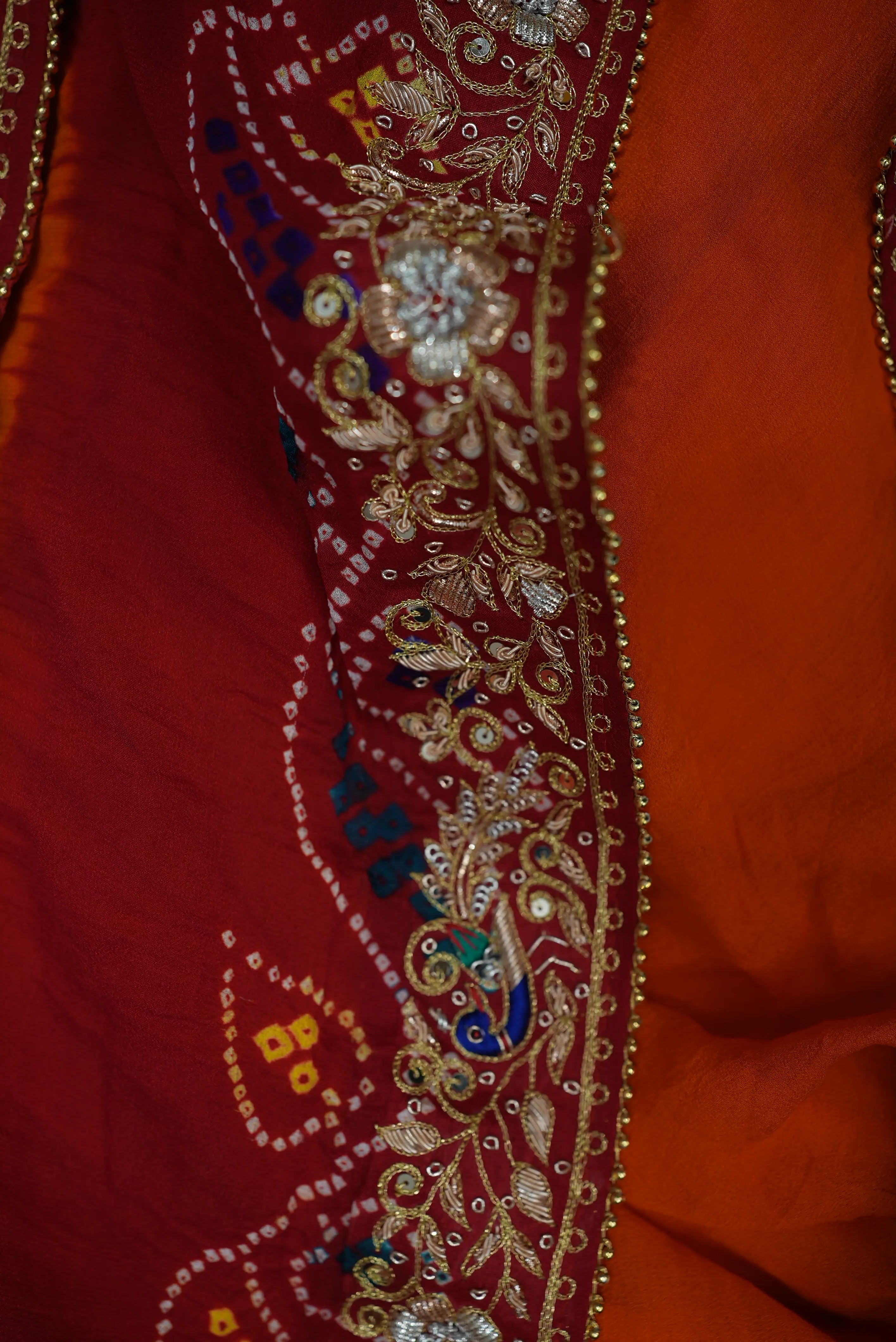 Shekhawati Pila Pure Ozhariya Rai Bandhani Saree with Peacock Pattern Zardozi & Calcutta Handwork (With Blouse)