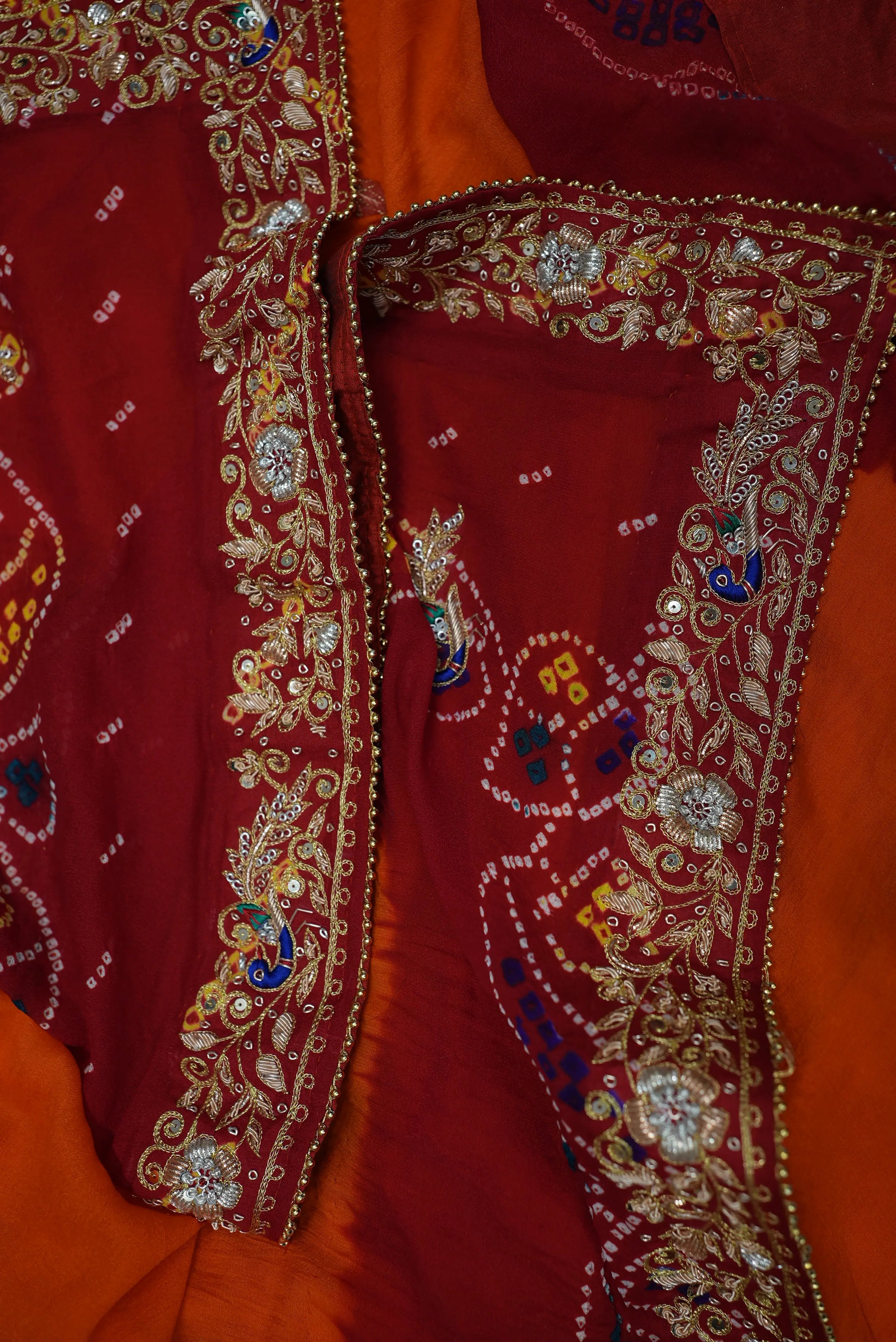 Shekhawati Pila Pure Ozhariya Rai Bandhani Saree with Peacock Pattern Zardozi & Calcutta Handwork (With Blouse)