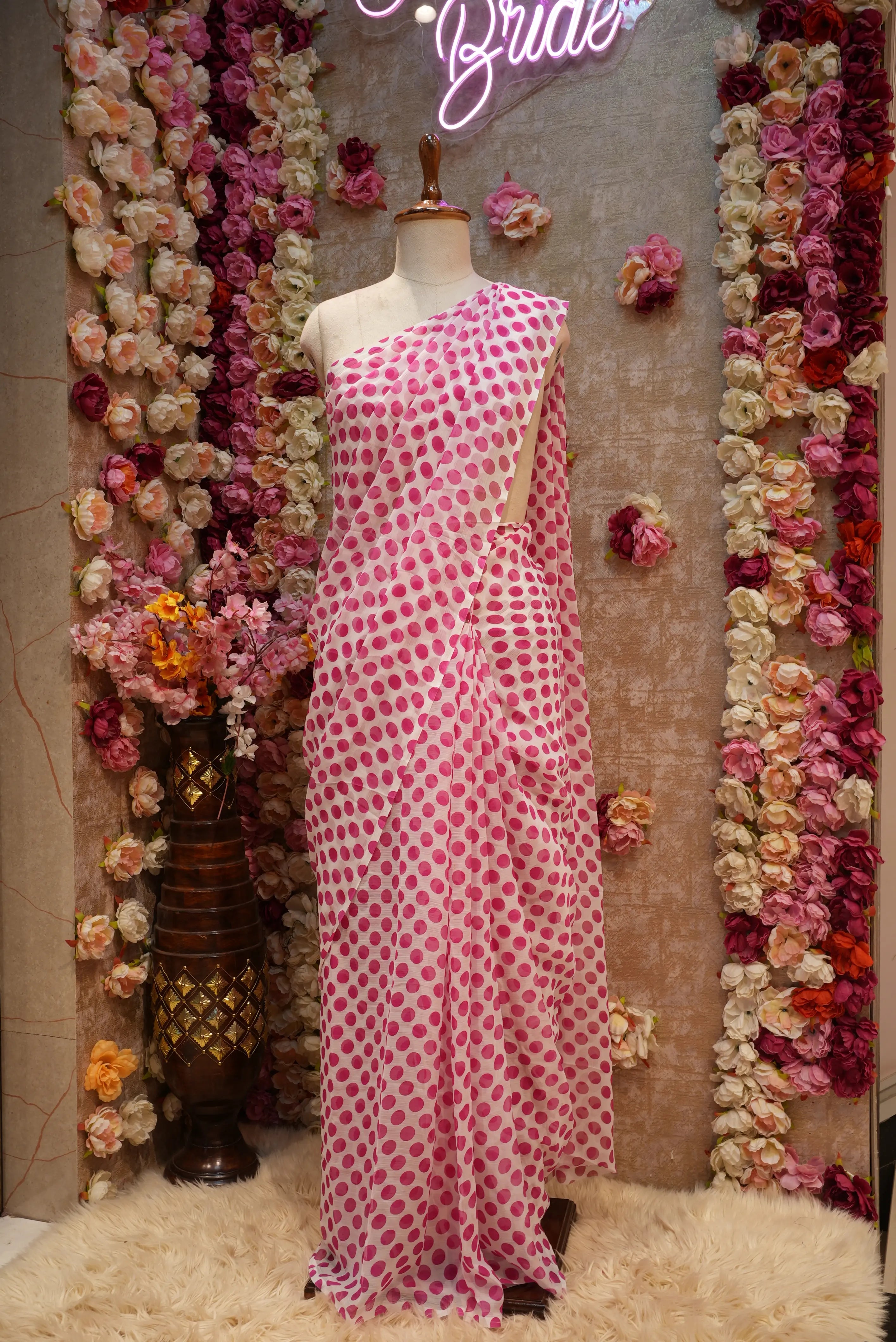 Retro Style Polka Dot Saree on Royal Chiffon Fabric