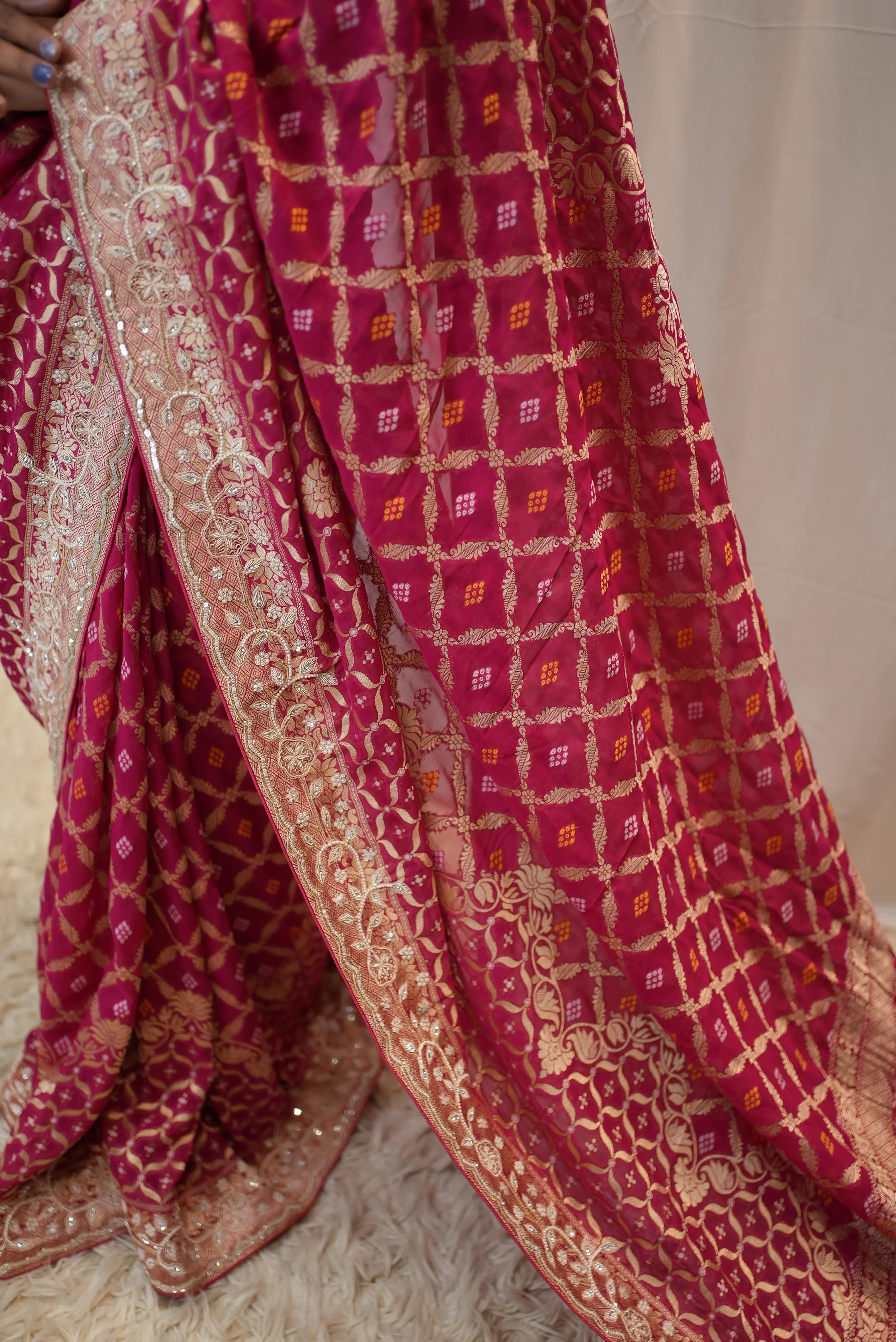 Pure Kadhi Greorgette Ghatchola Pattern Rai Bhandej Saree With Zardozi Handwork
