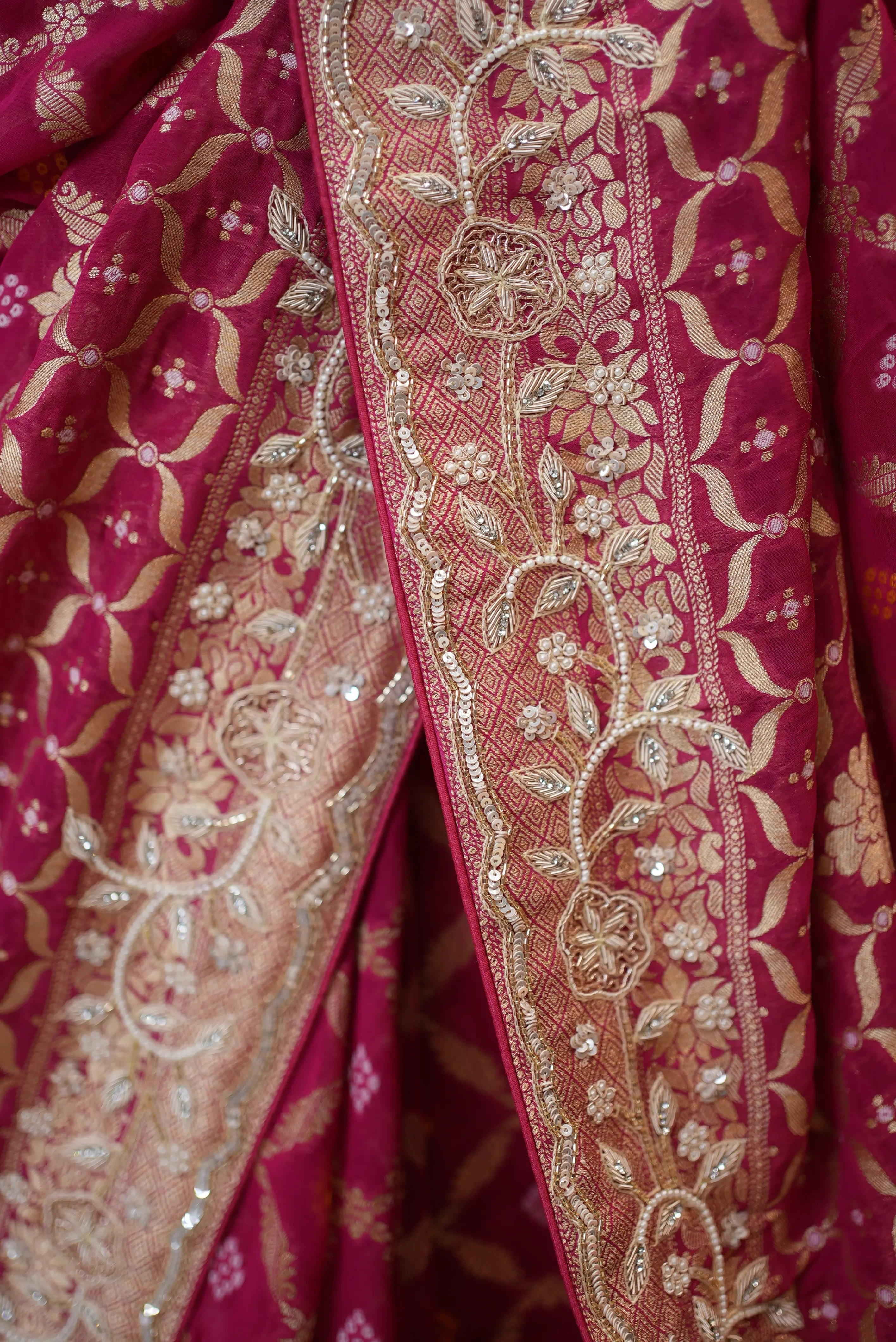 Pure Kadhi Greorgette Ghatchola Pattern Rai Bhandej Saree With Zardozi Handwork