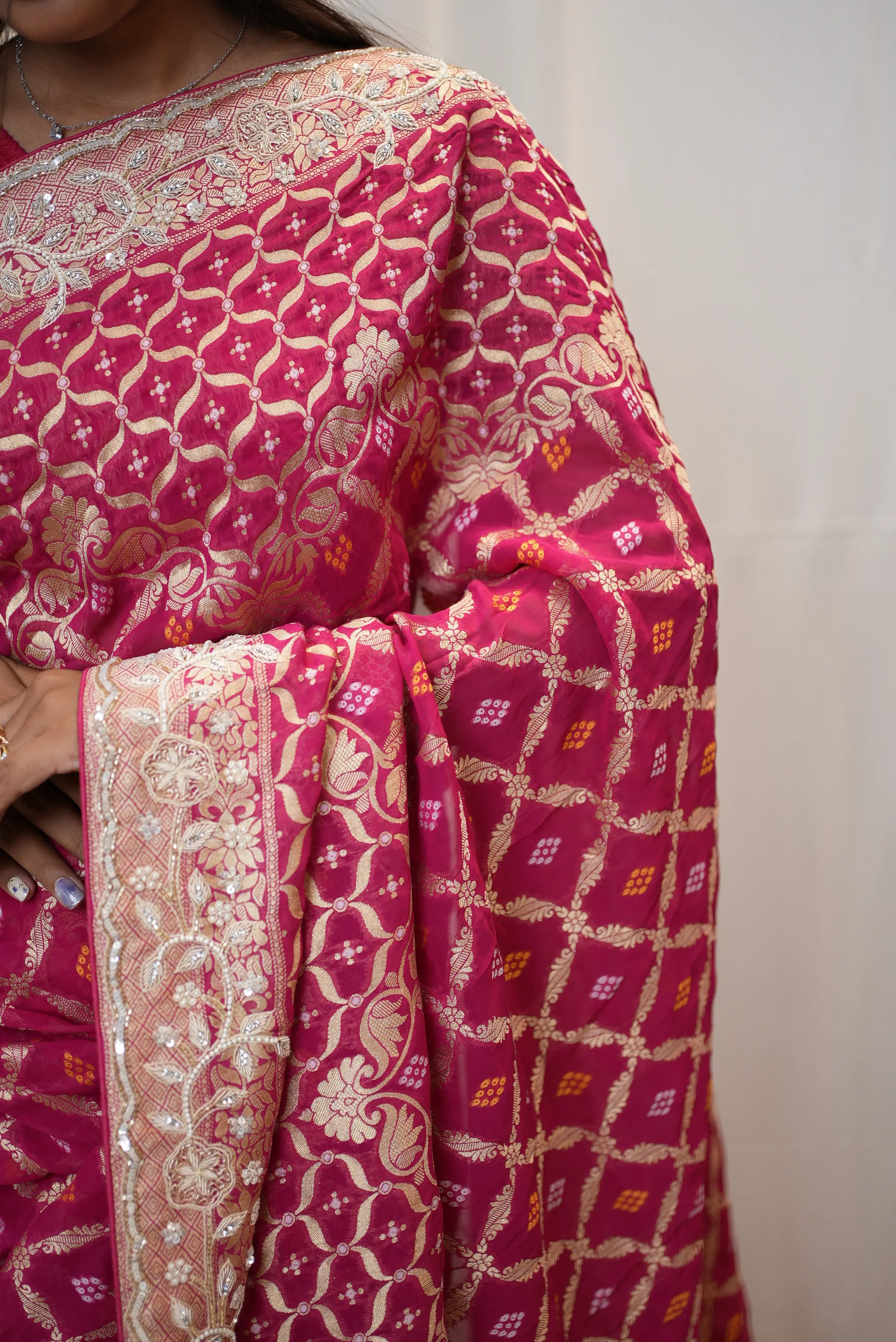 Pure Kadhi Greorgette Ghatchola Pattern Rai Bhandej Saree With Zardozi Handwork