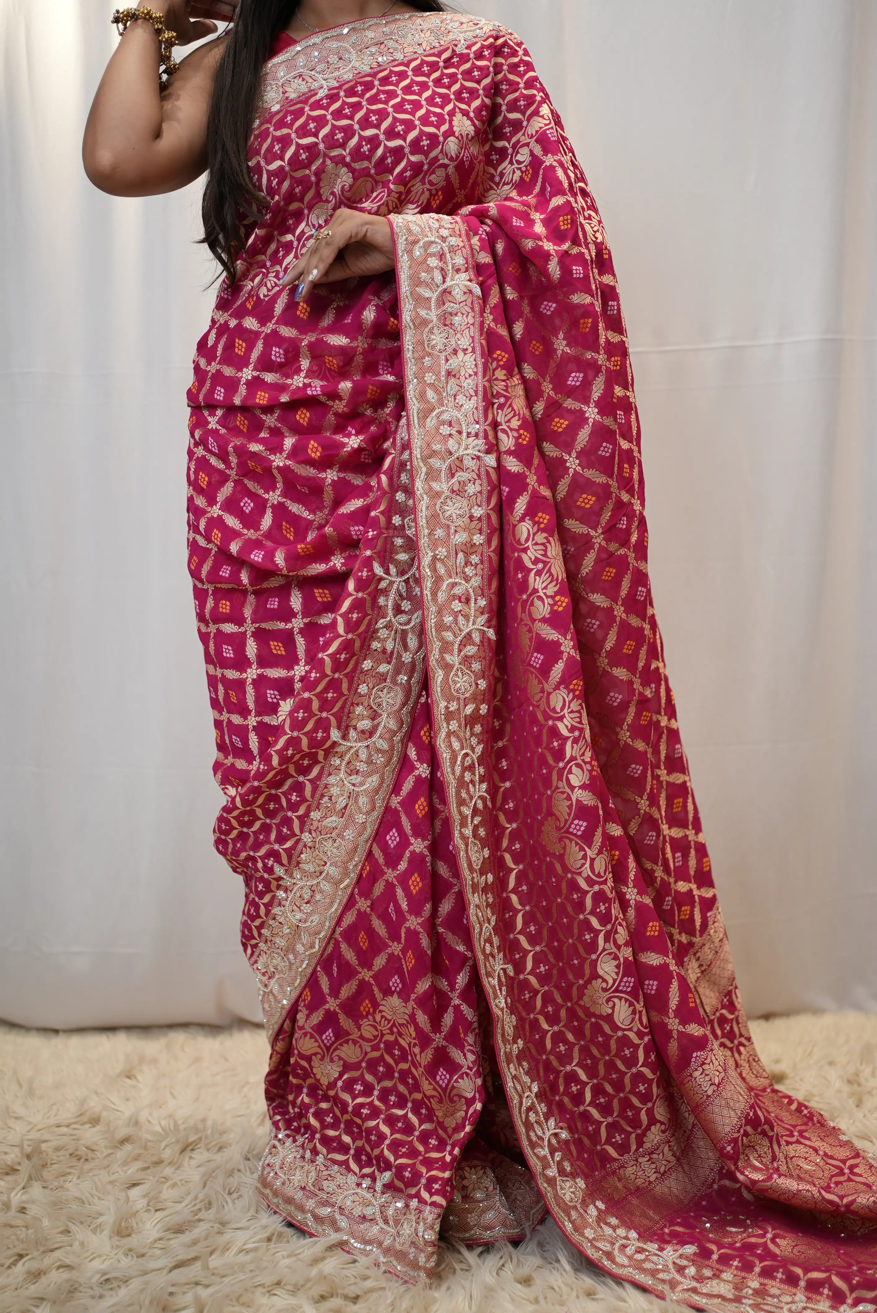 Pure Kadhi Greorgette Ghatchola Pattern Rai Bhandej Saree With Zardozi Handwork