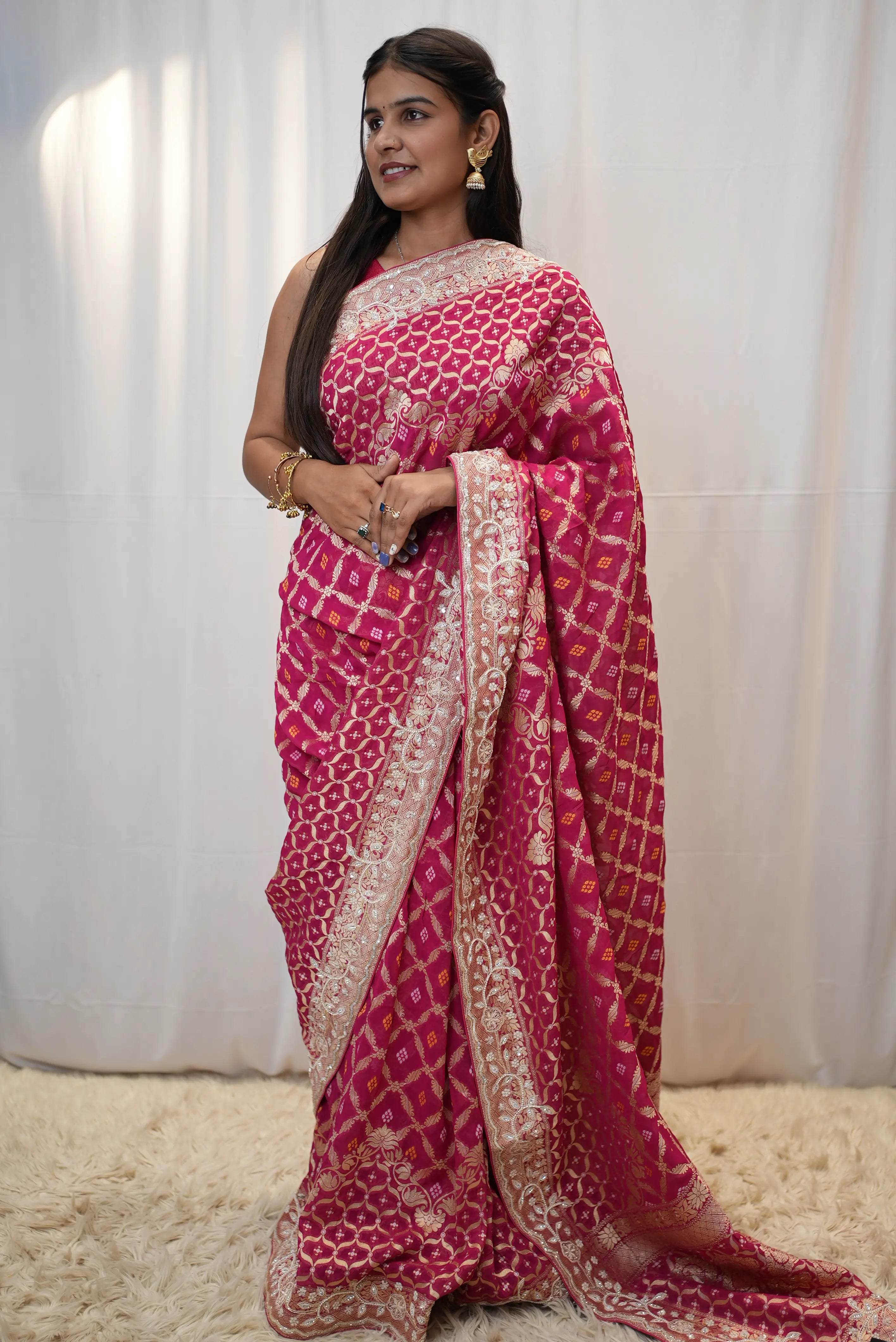 Pure Kadhi Greorgette Ghatchola Pattern Rai Bhandej Saree With Zardozi Handwork