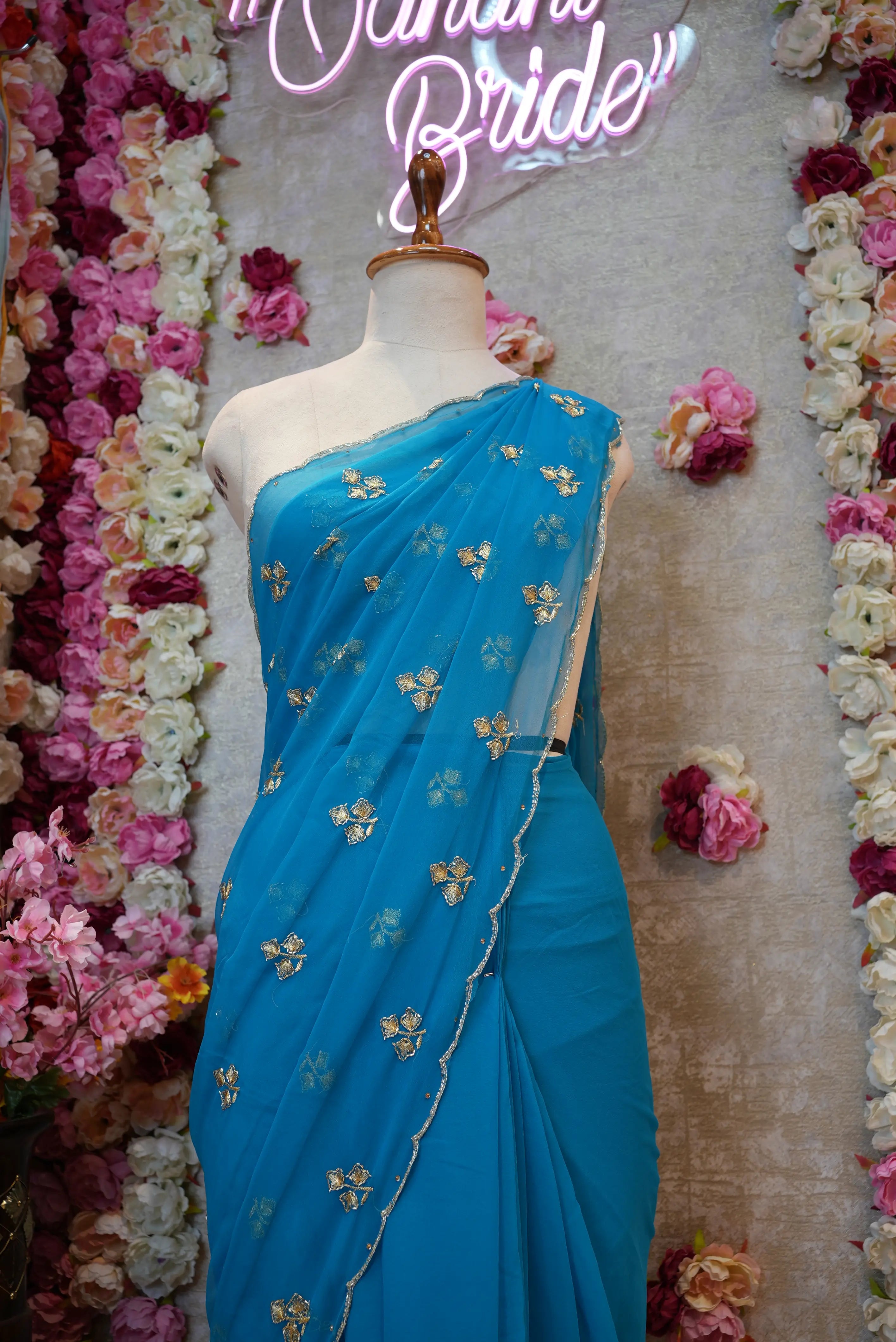 Saree with Cutdana & Aari Work, Small Butti Pattern & Cutdana Border (With Blouse)
