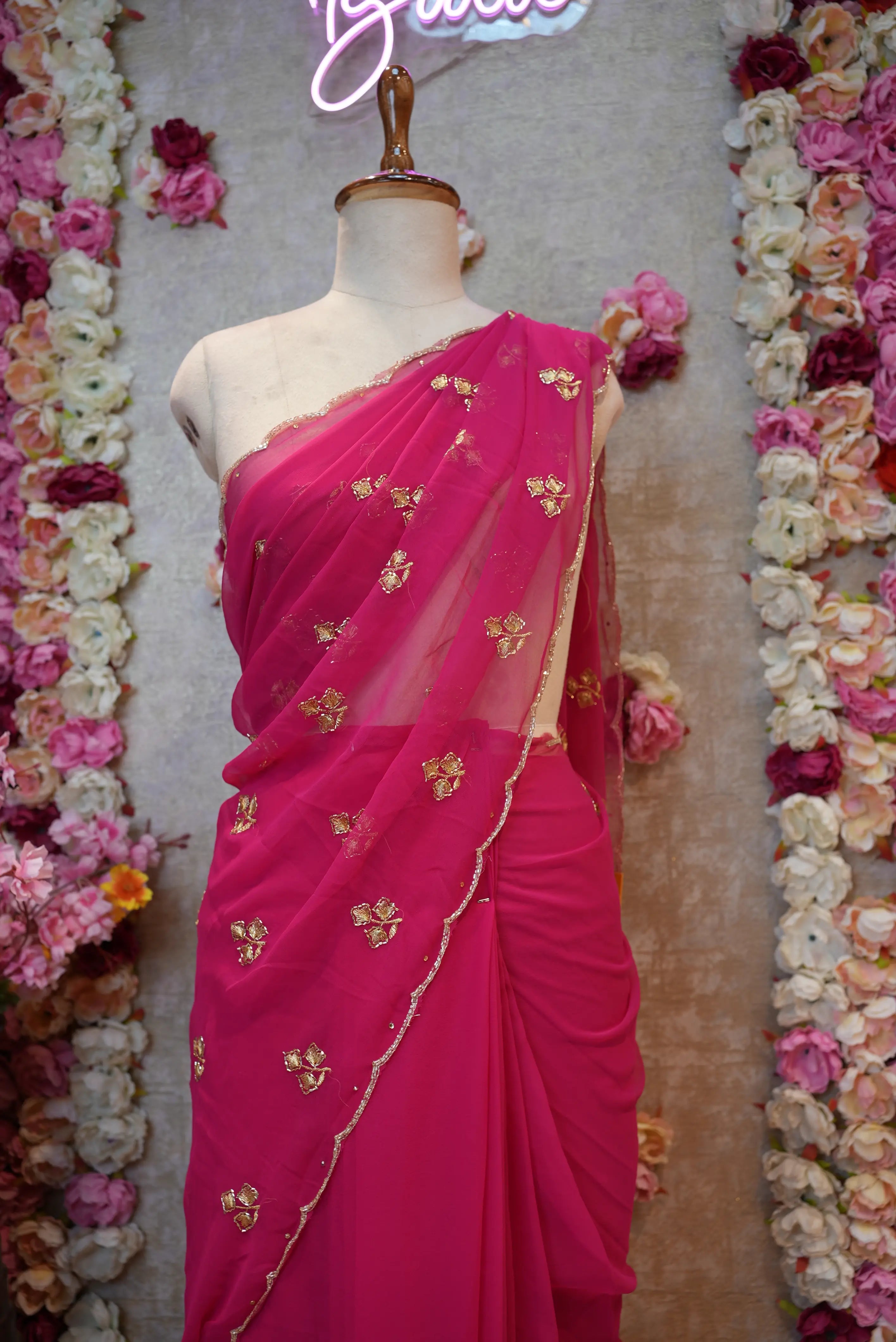 Saree with Cutdana & Aari Work, Small Butti Pattern & Cutdana Border (With Blouse)