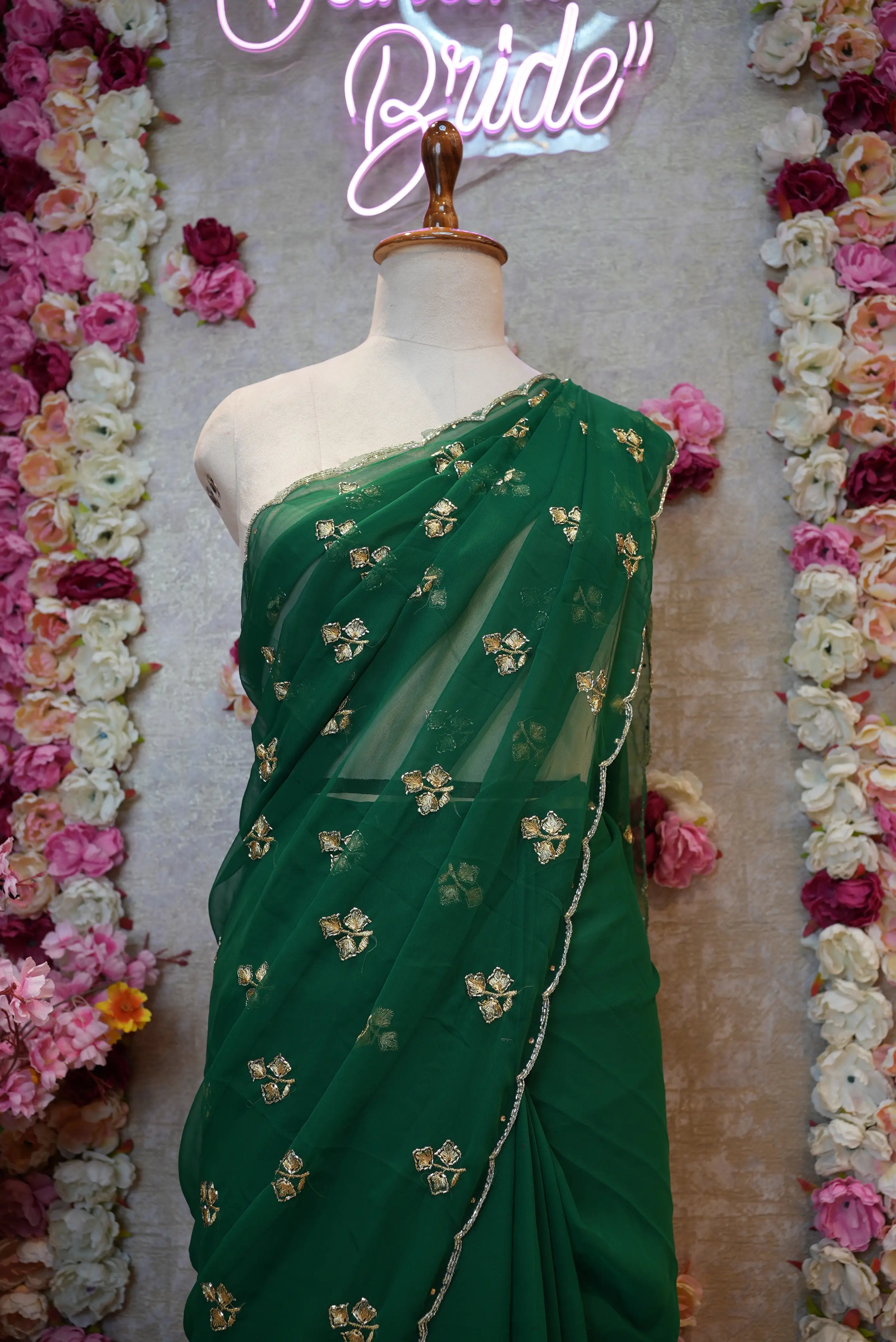 Saree with Cutdana & Aari Work, Small Butti Pattern & Cutdana Border (With Blouse)
