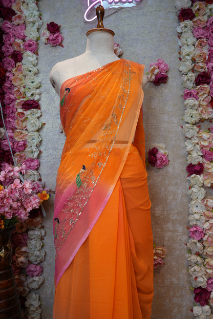 MULTI COLOR ROYAL CHIFFON FABRIC PEACOCK DESIGN DARBARI SAREE WITH HEAVY JAAL PATTERN (WITHOUT BLOUSE) ##SR455