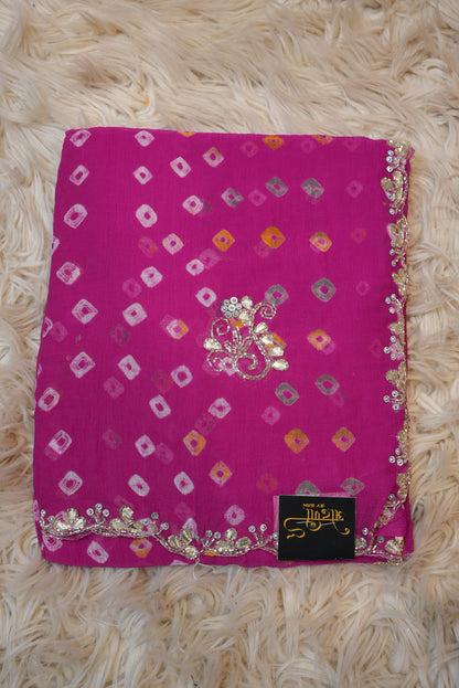 RAJASTHANI BANDHANI SAREE WITH GOTA PATTI & CUTDANA WORK BORDER ON ROAYL CHIFFON FABRIC (WITH RUNING BLOUSE) ##SR503