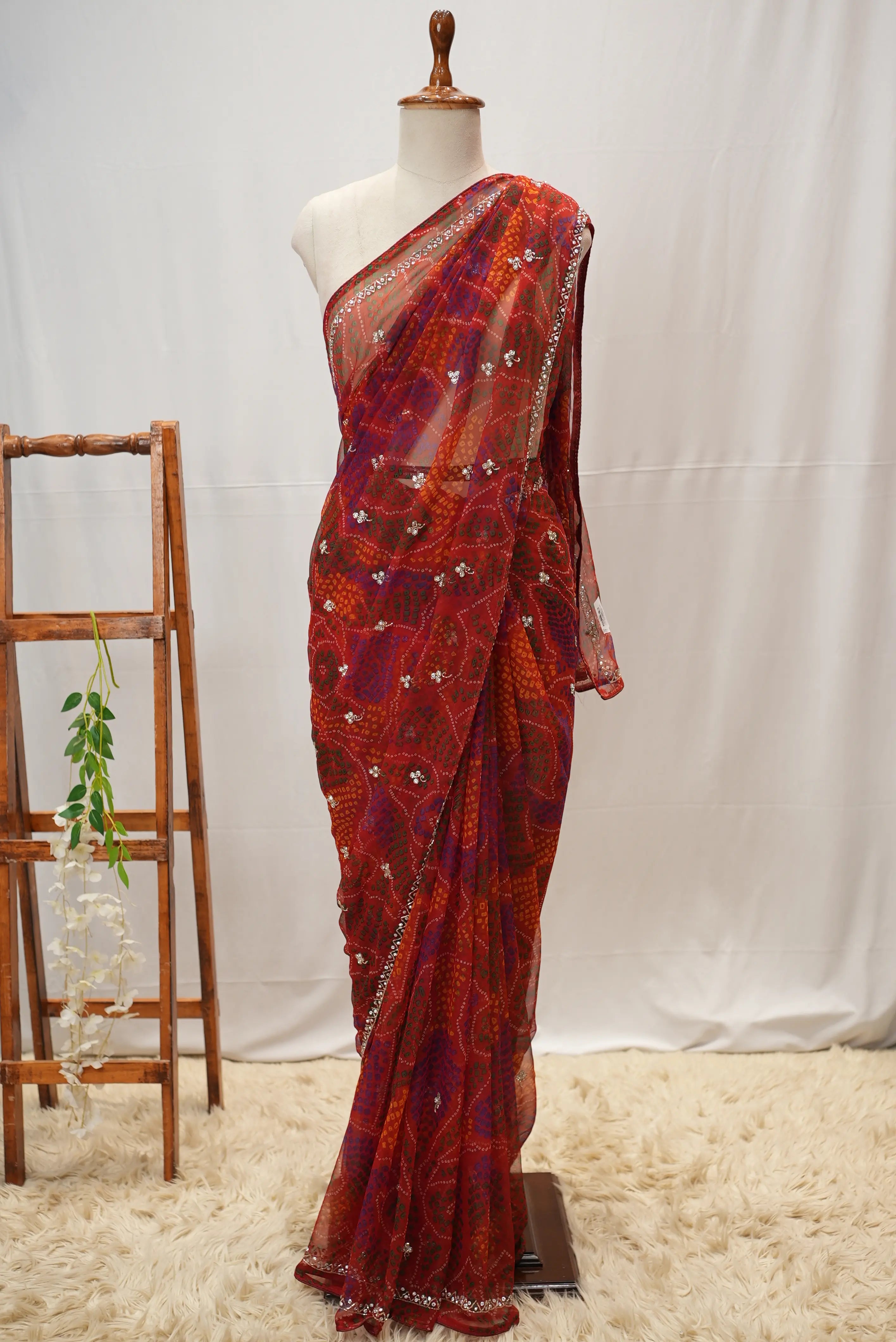 Shekhawati Handwork Bandhani Saree With Buti Pattern (With Blouse)