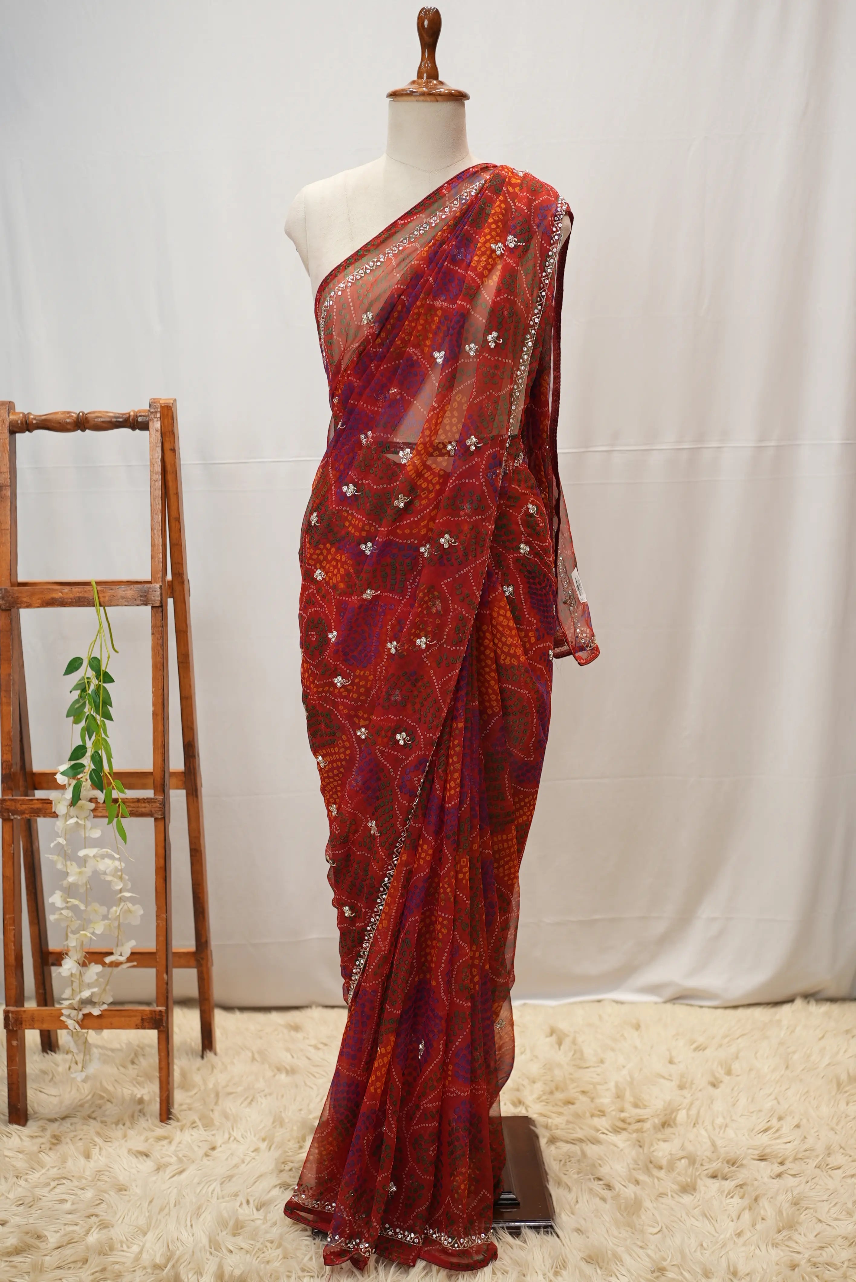 Shekhawati Handwork Bandhani Saree With Buti Pattern (With Blouse)