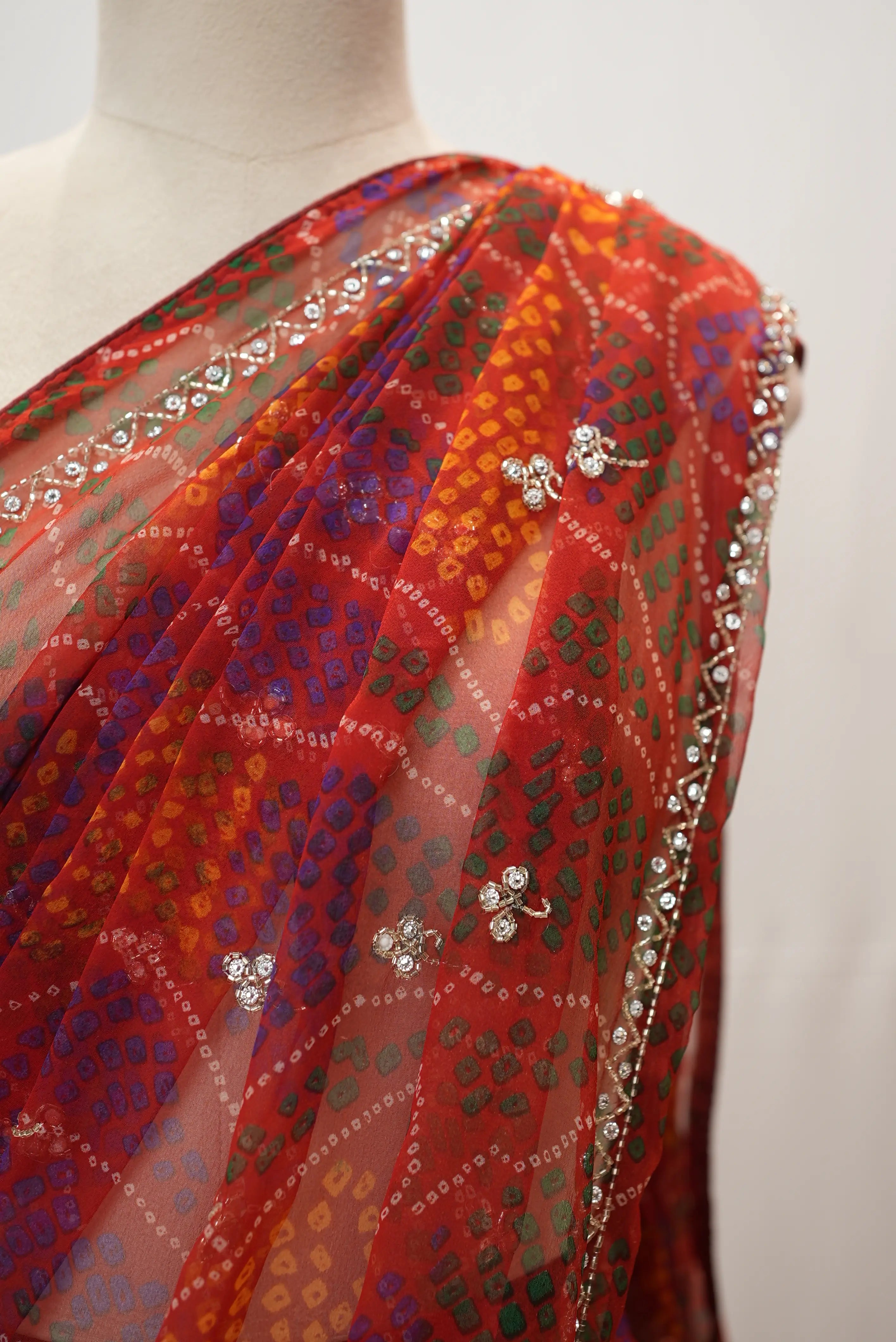 Shekhawati Handwork Bandhani Saree With Buti Pattern (With Blouse)