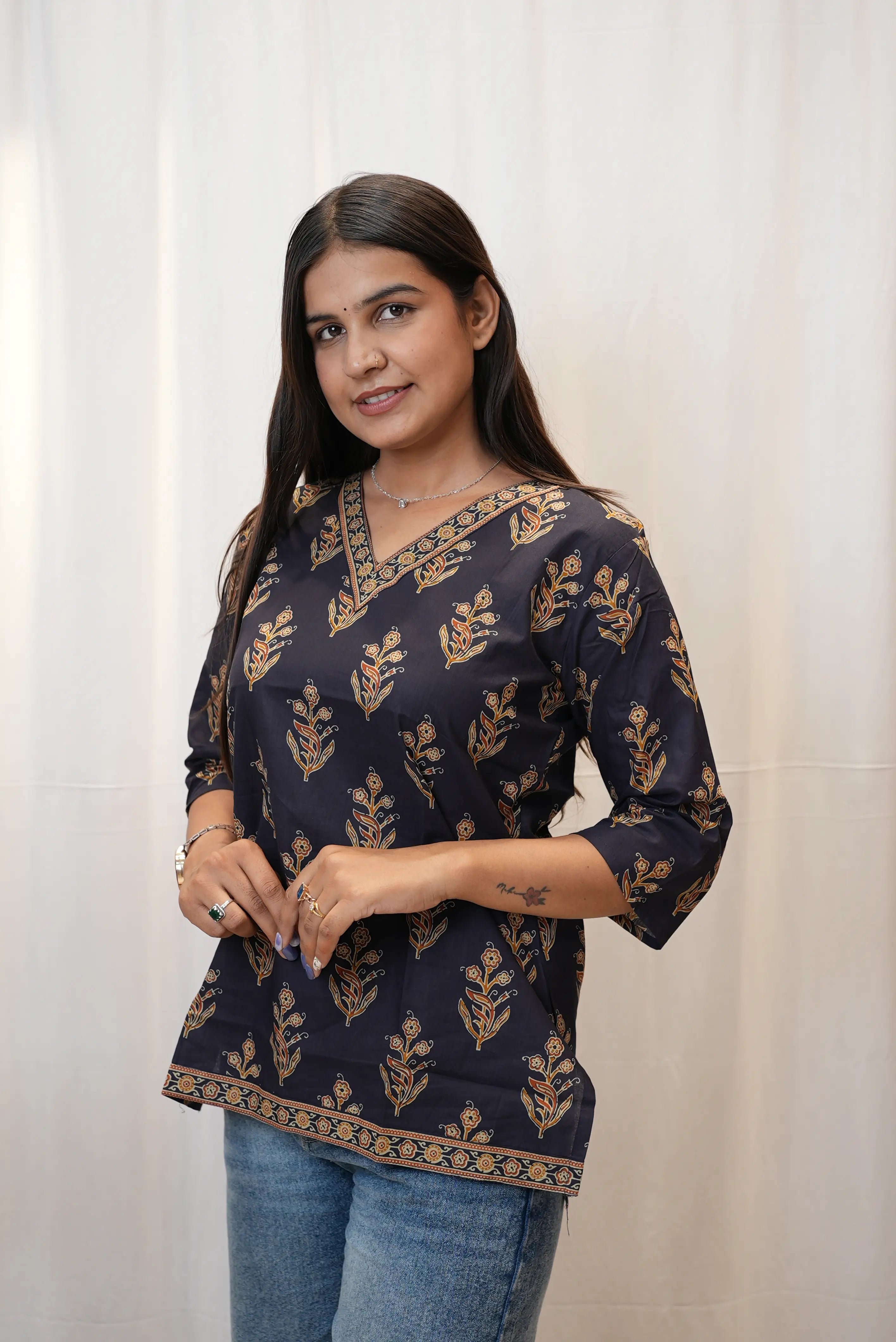 Elegant Floral Print V-Neck Cotton Kurti for Women | Everyday Ethnic Wear