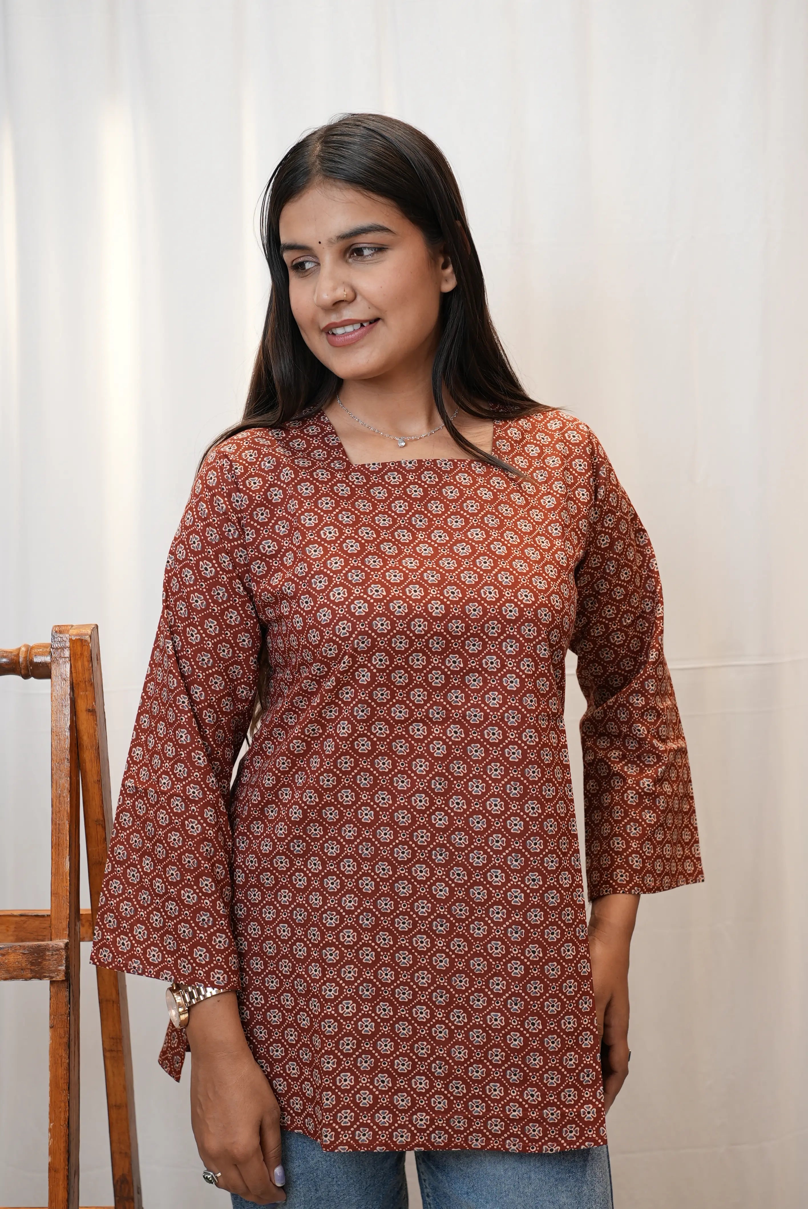 Rustic Floral Print Cotton Kurti for Women | Square Neck Casual Ethnic Top